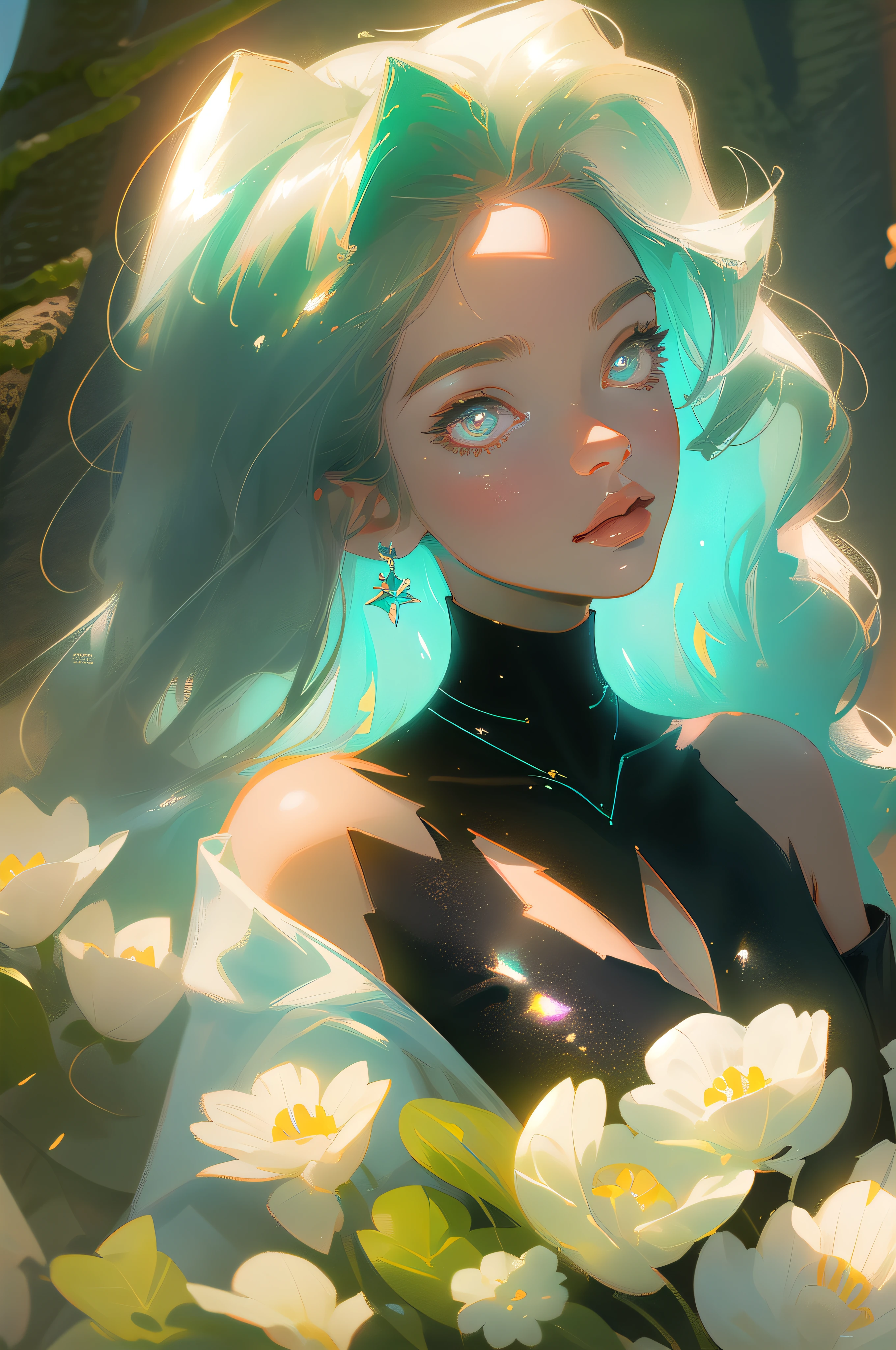 masterpiece, best quality, ultra high res,Fluorescent color,
1girl, looking at viewer, beauty face,beauty eyes,(off shoulder:1.2), looking up, upper body, plant,tree, shiny hair, shiny skin, glowing, glowing flower, cleavage, cleavage cutout,  chibi,