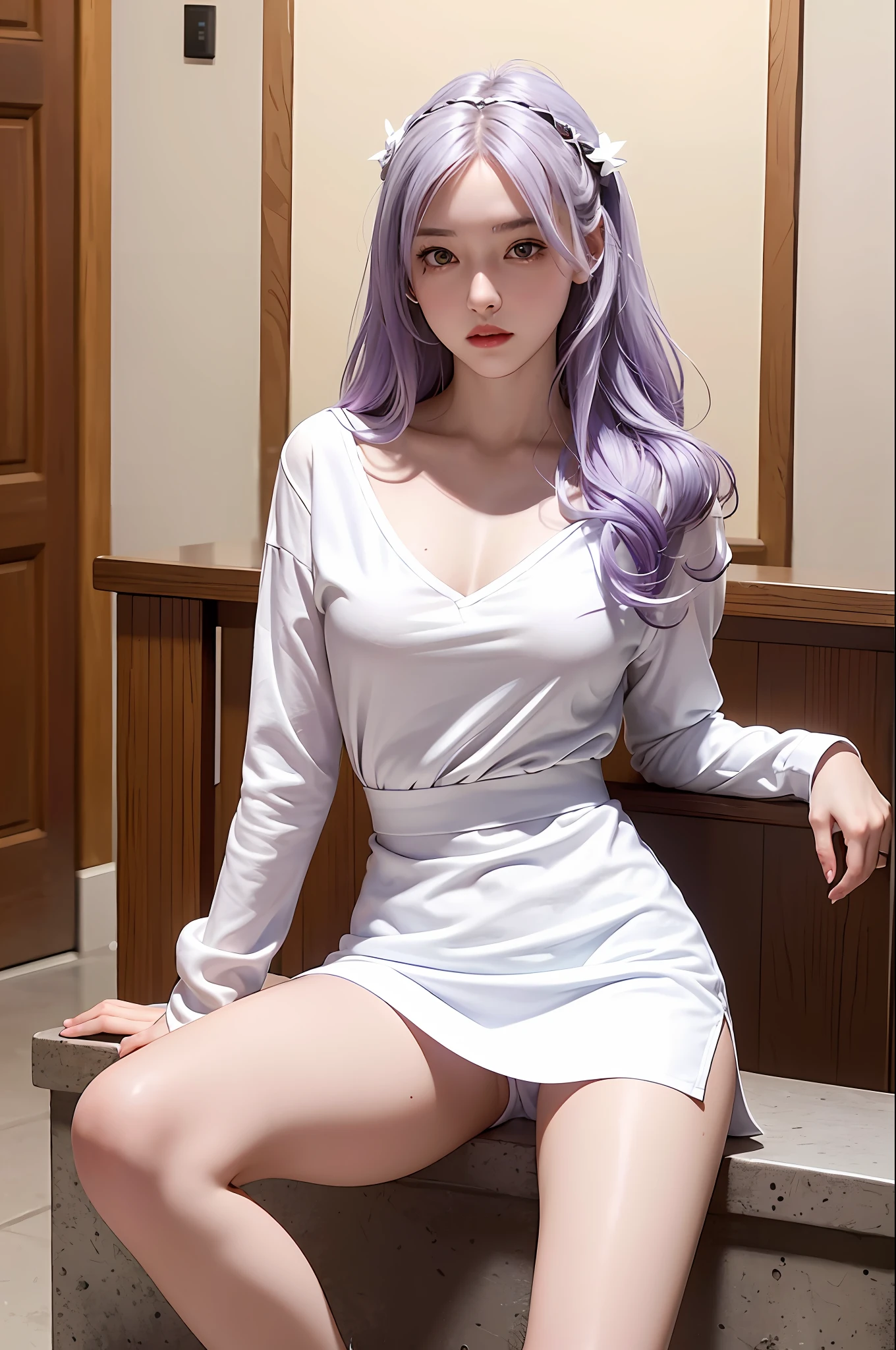 realistic, high resolution, 1 girl, white wavy hair, Chinese, heterochromic eyes, small moles under the eyes, loose white shirt, purple miniskirt, large breasts, thin legs ,