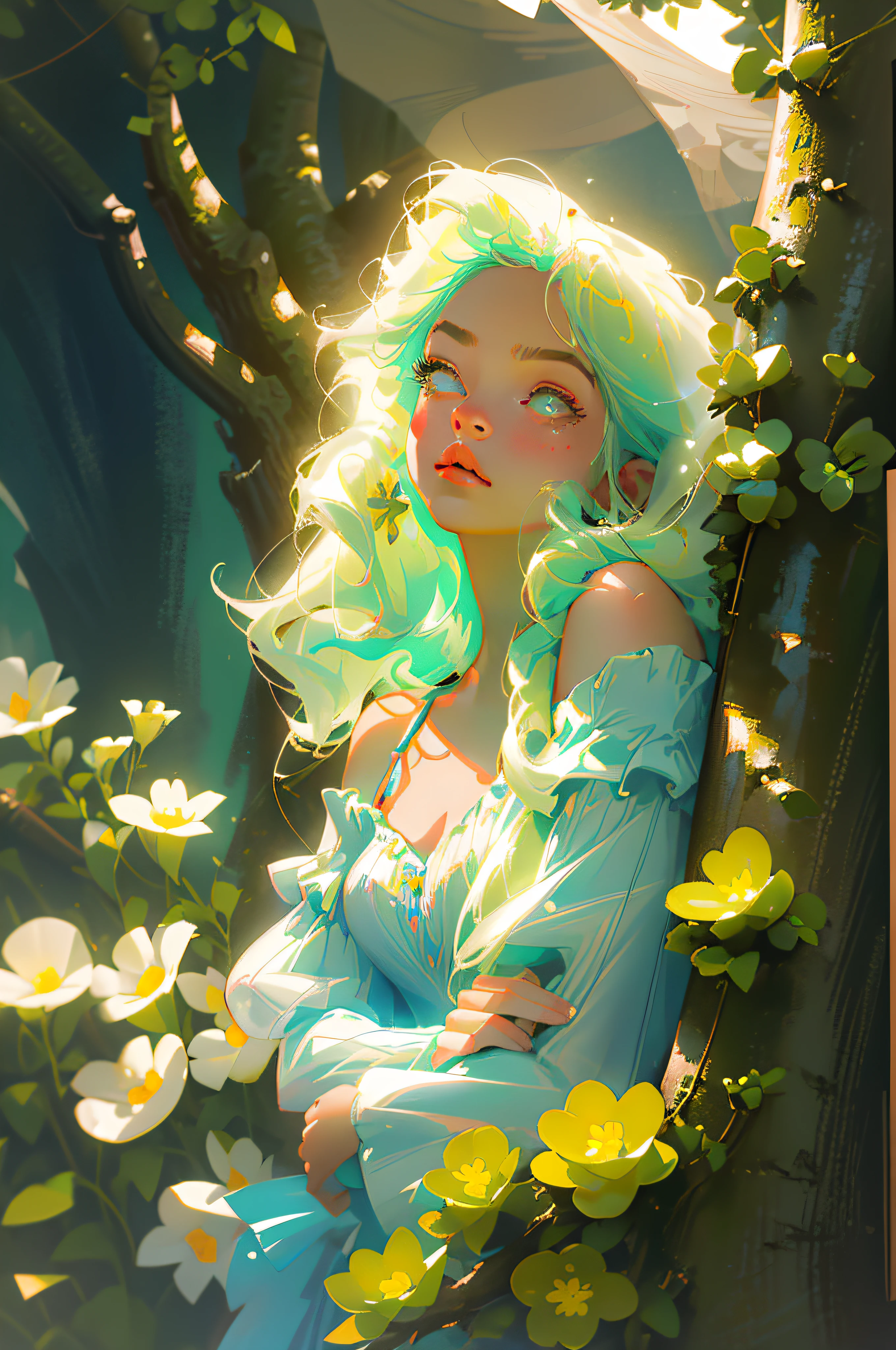 masterpiece, best quality, ultra high res,Fluorescent color,
1girl, looking at viewer, beauty face,beauty eyes,(off shoulder:1.2), looking up, upper body, plant,tree, shiny hair, shiny skin, glowing, glowing flower, cleavage, cleavage cutout,  chibi,