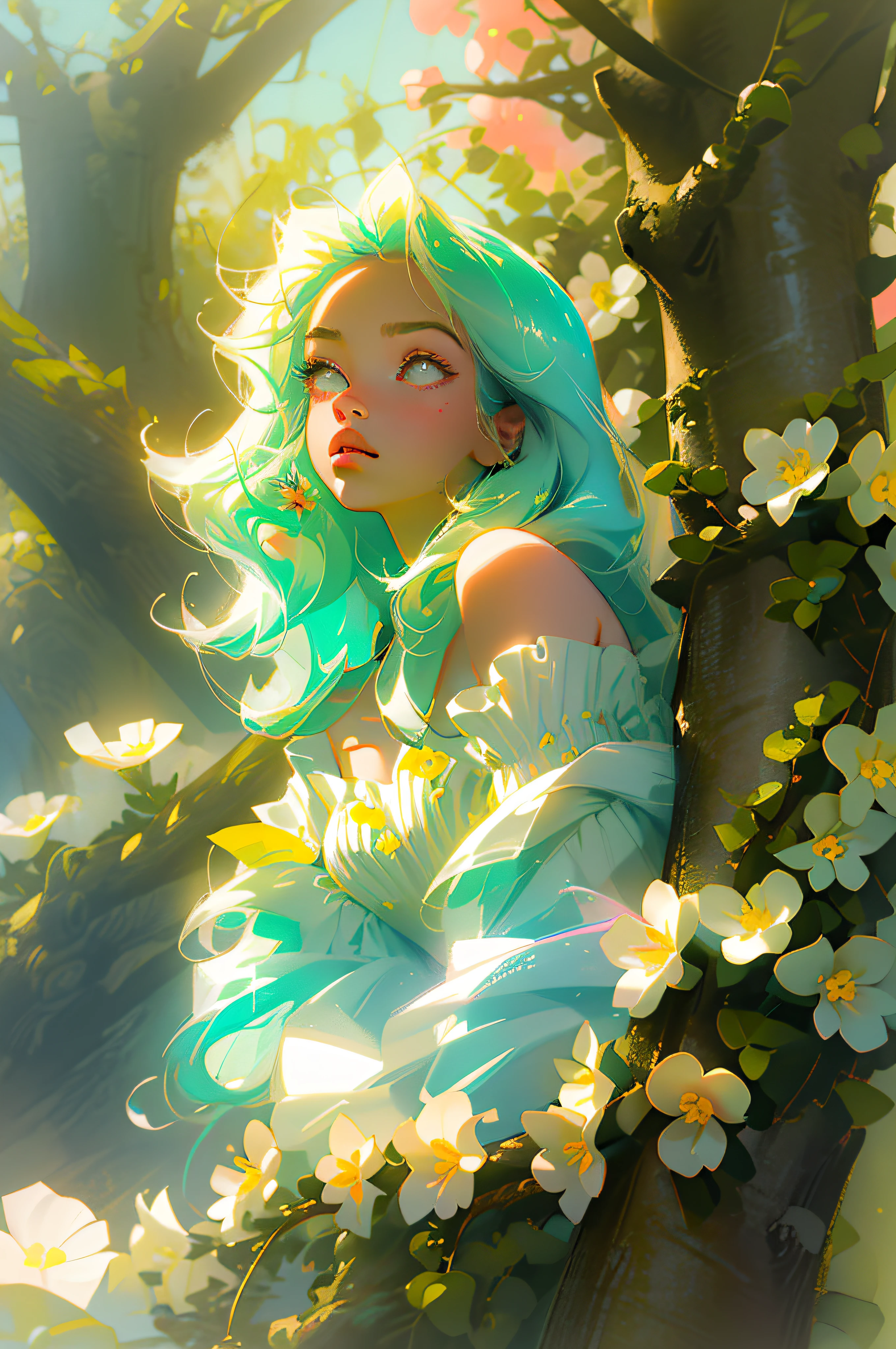 masterpiece, best quality, ultra high res,Fluorescent color,
1girl, looking at viewer, beauty face,beauty eyes,(off shoulder:1.2), looking up, upper body, plant,tree, shiny hair, shiny skin, glowing, glowing flower, cleavage, cleavage cutout, chibi,