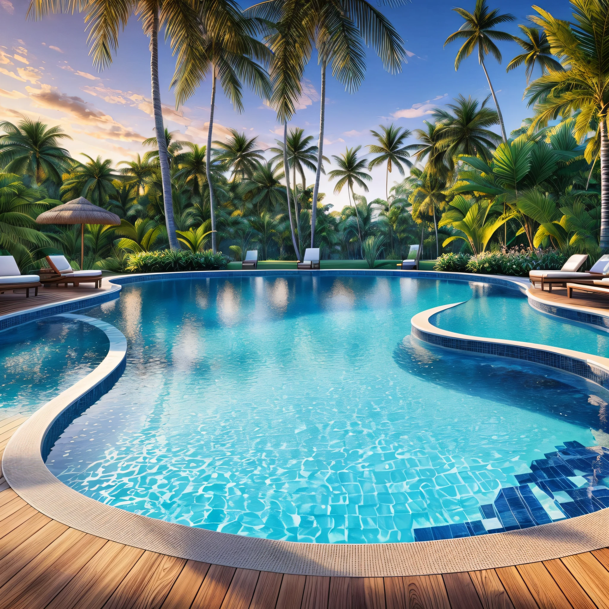 a view of a pool with a deck and a palm tree, next to a tropical pool, wonderful masterpiece, tropical setting, with palm trees on the back, incredibly beautiful, tropical style, lush environment, golden hour of the morning, an impressive masterpiece, sharp soft lines, sitting on the edge of the pool, very detailed paradise, beautiful masterpiece, dream pool, very clean atmosphere (masterpiece),  (high quality), real, (realistic) super detailed, (full detail), (4k), 8k --auto --s2