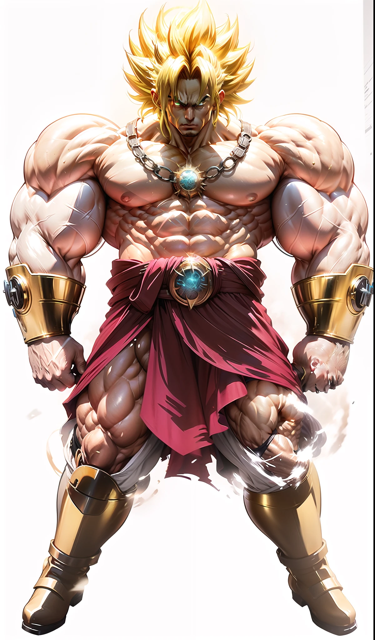 Broly super saiyan, neon hair Golden, serious expression, Man extremely muscular, shoulders large, rounded and large muscles, defined, abs defined, quadriceps perfect and defined, red and white pants, gold bracelets, shin guards and golden boots, unreal engine 5, 8k.