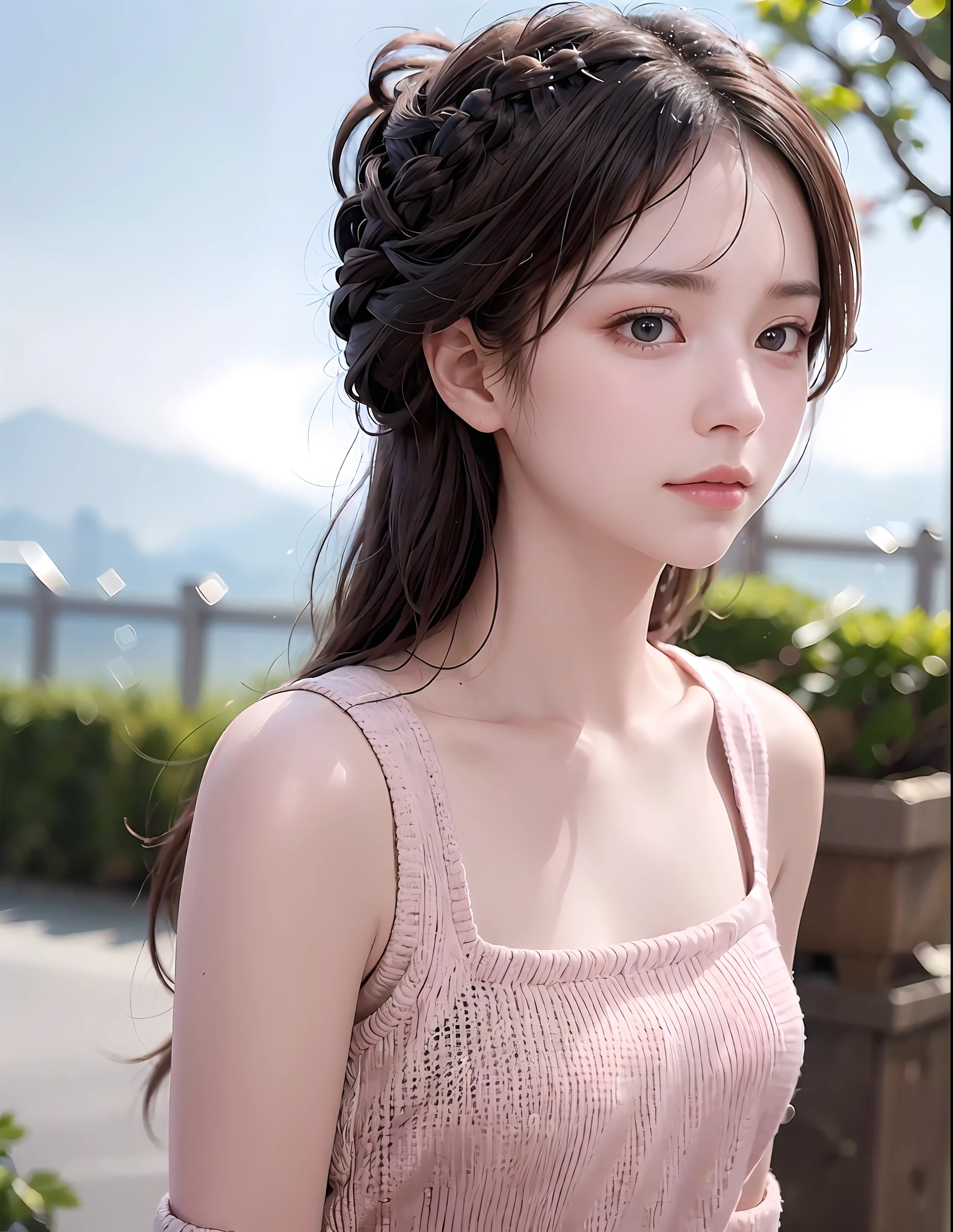 8k, RAW photo, best quality, masterpiece, high detail RAW color photo, professional photograph, (realistic, photorealistic:1.37), (high detailed skin:1.2), high resolution, beautiful detailed eyes, (hard focus:1.4), (sharp focus:1.4),
realistic , (8K UHD:1.2) , photoreaslistic
High quality shadow,
parted_lips, slender face,
(wavy hair), Half-up top knot, Crown braid, Pink eye color, suggestive look,
(extremeface closeup), pov, (((depth of field))), pale and lustrous skin,
Cropped cowl neck sweater,
30yo age,
buruma,
Rooftop,
bokeh, lens flare, (vignette:0.8), dramatic lighting, cinematic lighting, back light, professional lighting, physically-based rendering, ulzzang-6500-v1.1, pureerosface_v1.