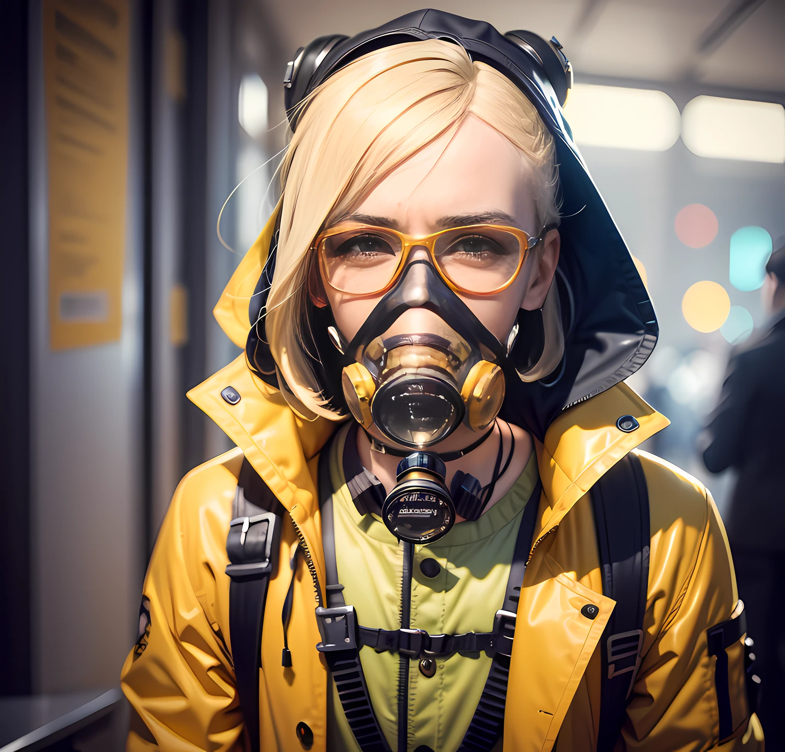 A stunning and intricate color photo of the upper body of a man wearing glasses, (wearing a yellow lab coat and a gas mask on his head), beautiful punk girl.
epic composition of characters,
By Ilya Kuvshinov, Alessio Albi, Nina Masic,
sharp focus, natural lighting, subsurface scattering, f2, 35mm, film grain