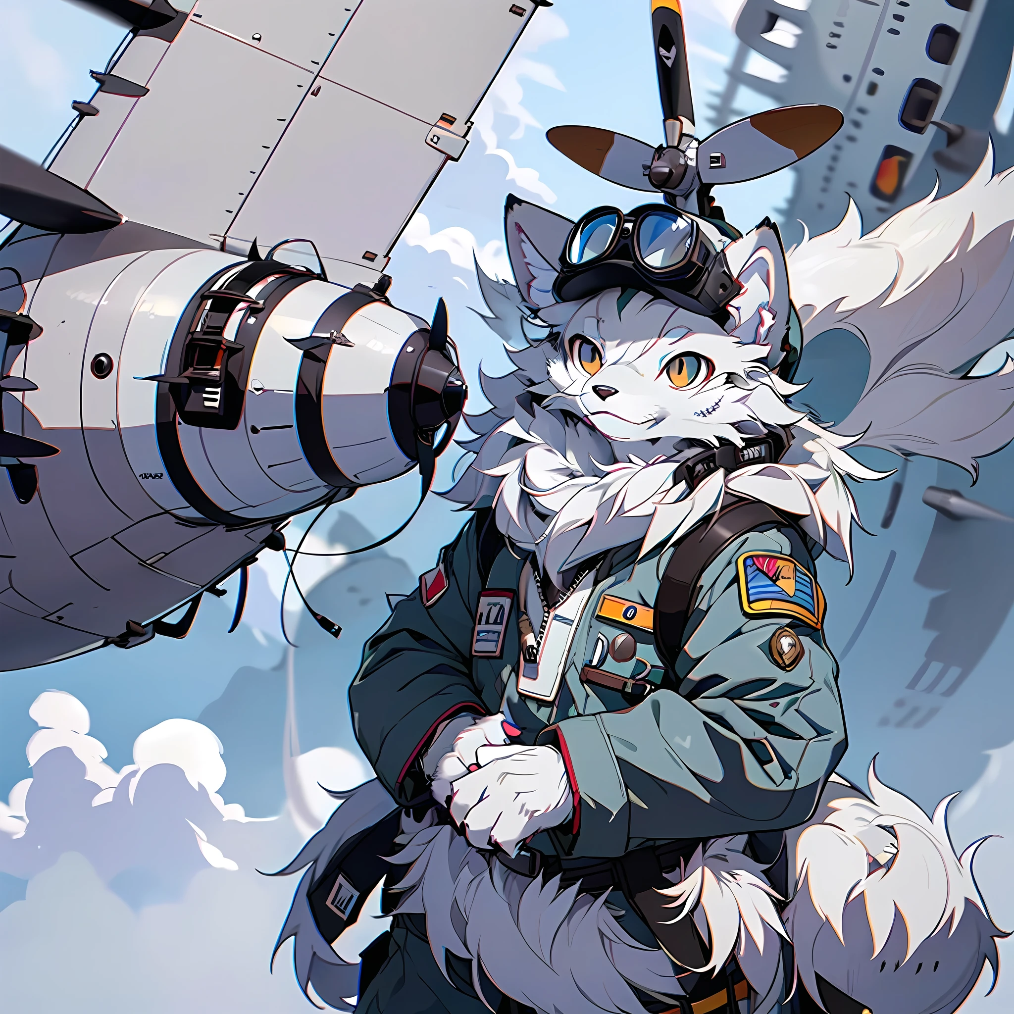 (Best Quality), (Masterpiece), (((Single))), (Ultra Detailed), (Furry), Full Body Furry, Furry, (Male Arctic Fox: 1.5), (Gray Skin: 1.3), (Gray Fur: 1.3), Character Focus, (Golden Eyes), ((Canine Paws)), ((Detailed People)), (Gray Ears), Sharp Focus, (Furry Animal Ears), Wearing a WWII Pilot Suit, Flying Goggles, Piloting a WWII fighter, Fly in the sky, propeller plane, pilot plane, aircraft cabin