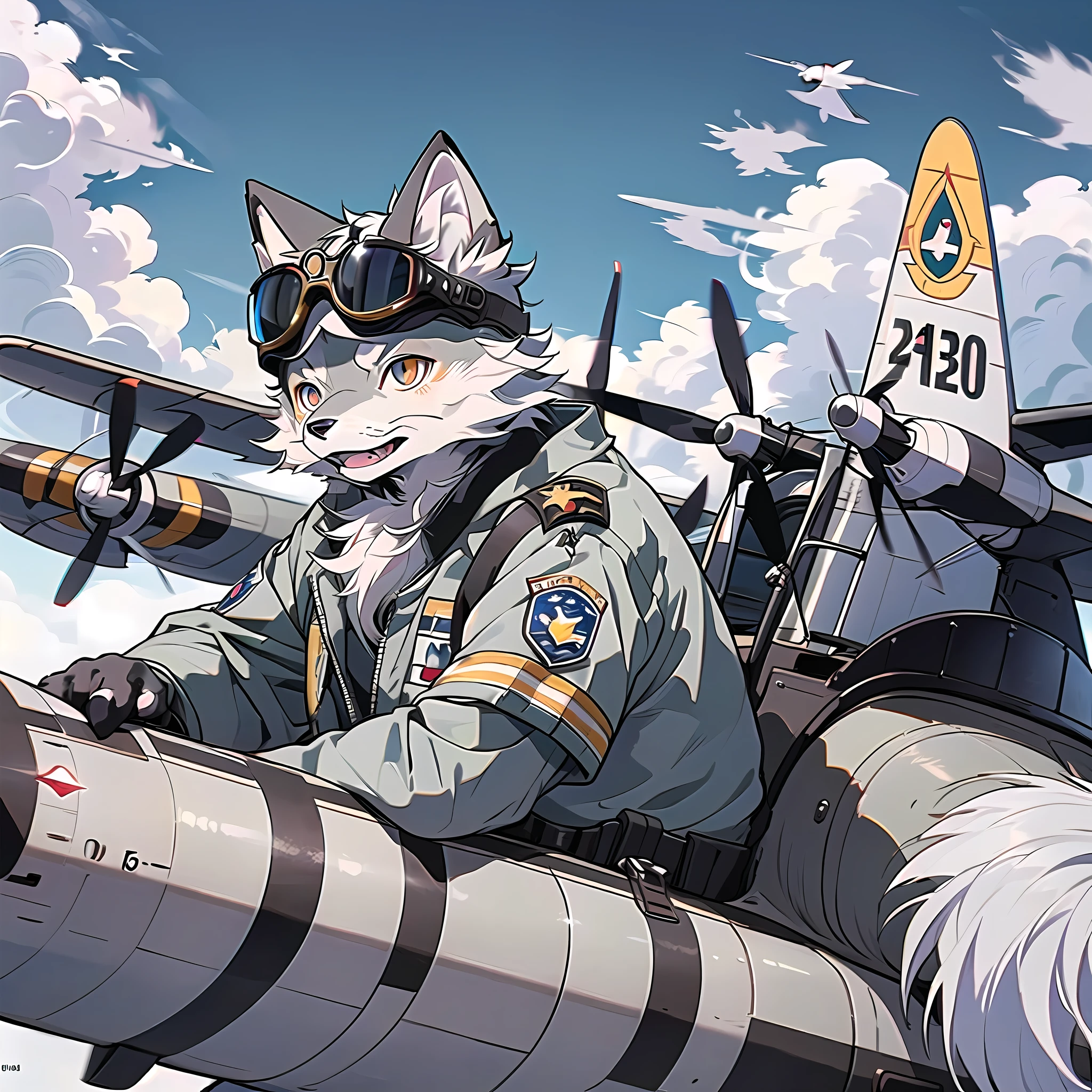 (Best Quality), (Masterpiece), (((Single))), (Ultra Detailed), (Furry), Full Body Furry, Furry, (Male Arctic Fox: 1.5), (Gray Skin: 1.3), (Gray Fur: 1.3), Character Focus, (Golden Eyes), ((Canine Paws)), ((Detailed People)), (Gray Ears), Sharp Focus, (Furry Animal Ears), Wearing a WWII Pilot Suit, Flying Goggles, Piloting a WWII fighter, Fly in the sky, propeller plane, pilot plane, aircraft cabin