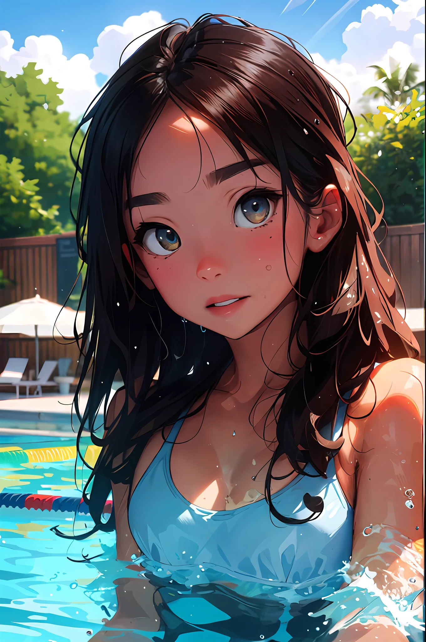 beautiful, lighting, masterpiece, best quality, 1girl, solo, sam yang, swimmer, , stylish , small , cleavage, tan line, portrait shot, looking at viewer, detailed face, detailed eyes, detailed hair, partially submerged, outdoor pool, wet skin, wet hair, high quality water, HD, 4k, ultra setting