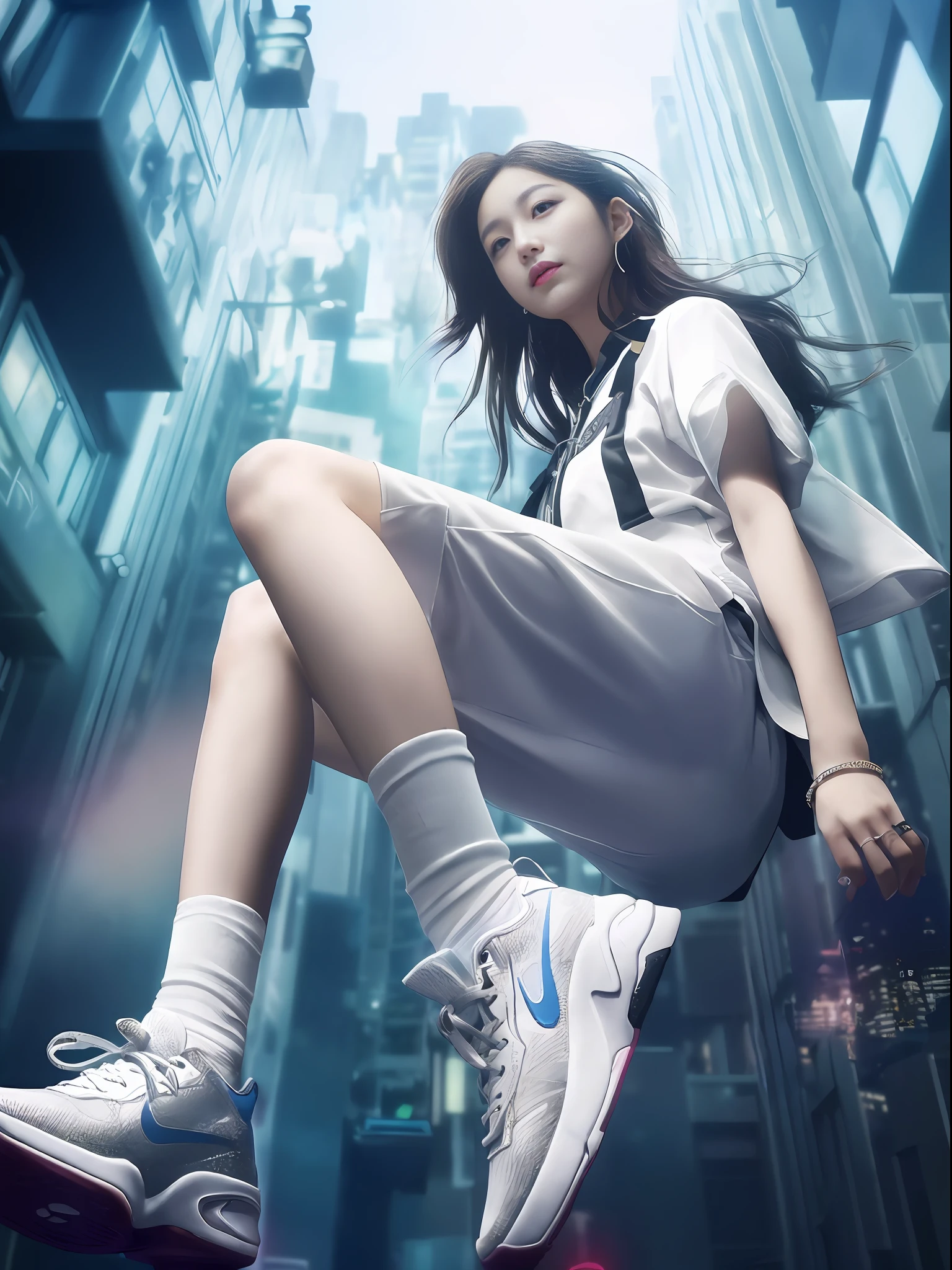 (Depth of Field Blur: 1.5), (City in the background), Best Quality, Masterpiece, Ccurate, Super Detail, Award-Awarded, Textured Skin, Retina, Anatomically Correct, High Detail, UHD, High Quality, High Resolution, 16k, Imagine a dynamic product poster that showcases a pair of sneakers in an engaging way. On the poster, a young Korean idol girl who exudes fashion and style, shoots from a low angle and looks up. She is outside in an urban environment with a blurred background that focuses the viewer's attention on the shoes. Shoes should be highlighted in the foreground, paying special attention to their design and texture. Posters should feel energized and stimulated, with an implicit sense of movement, making the viewer want to try on shoes and experience the thrill of the event. The image should be stylish, modern, bold, and convey confidence and vitality. Overall, posters should be eye-catching and memorable to appeal to young trendy buyers looking for the perfect combination of fashion and functionality.