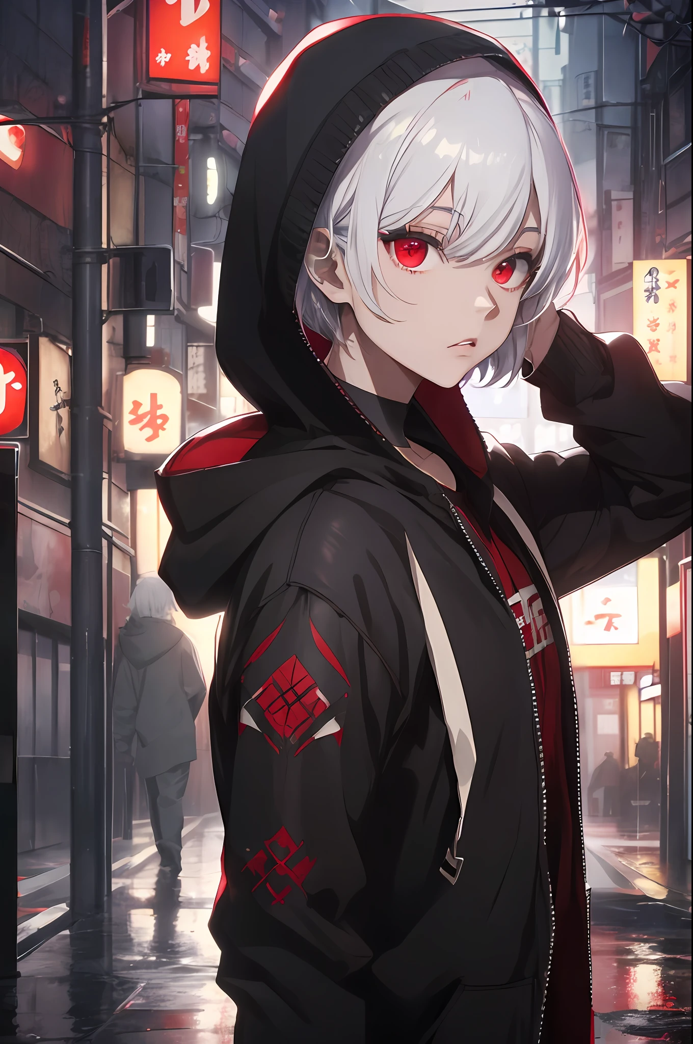 kk, best quality, more details, masterpiece, 1boy, kaneki ken, portrait, male focus, red eyes, solo, bangs, looking at viewer, hood, short hair, rain, tokyo tokyo \(city\),  hood up, nail polish, white hair, luxurious, 8k, detailed, ray tracing, depth of field, cinematic lighting,