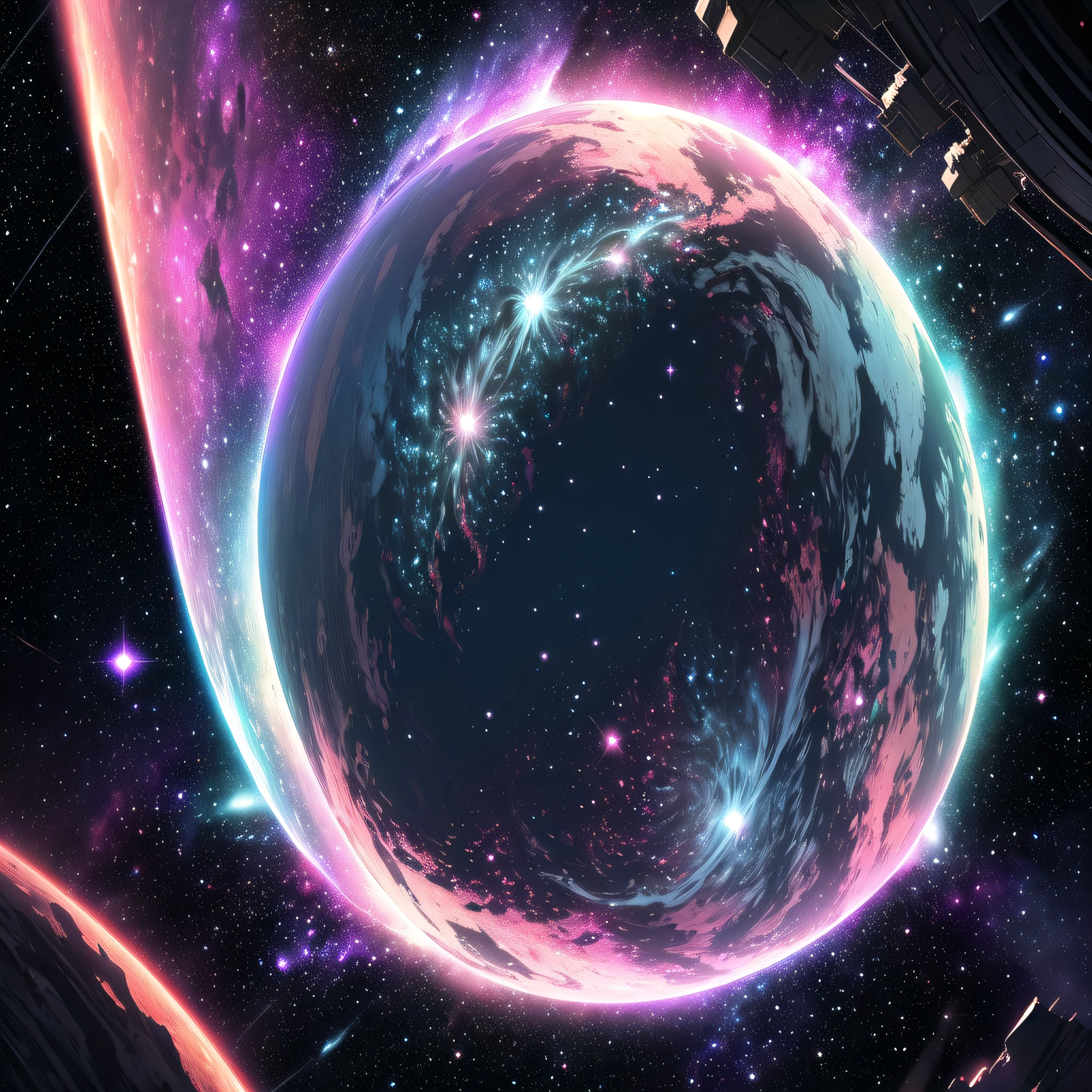 Draw a mysterious galaxy where the planets are covered with different colors and patterns. Let your imagination run wild, for example, a pink ice planet, a desert planet with burning blue flames, or a forest planet with purple water. Draw the entire galaxy as if it were filled with the mysterious energy of the universe and glowed. Also consider incorporating elements such as strangely shaped nebulae and bands of light crossing the galaxy. In this theme, please do not get caught up in the conventional wisdom of astronomy, but use your creativity to draw a unique and beautiful galaxy., (top quality, 8K, masterpiece: 1.3), RAW photo, realistic, photorealistic