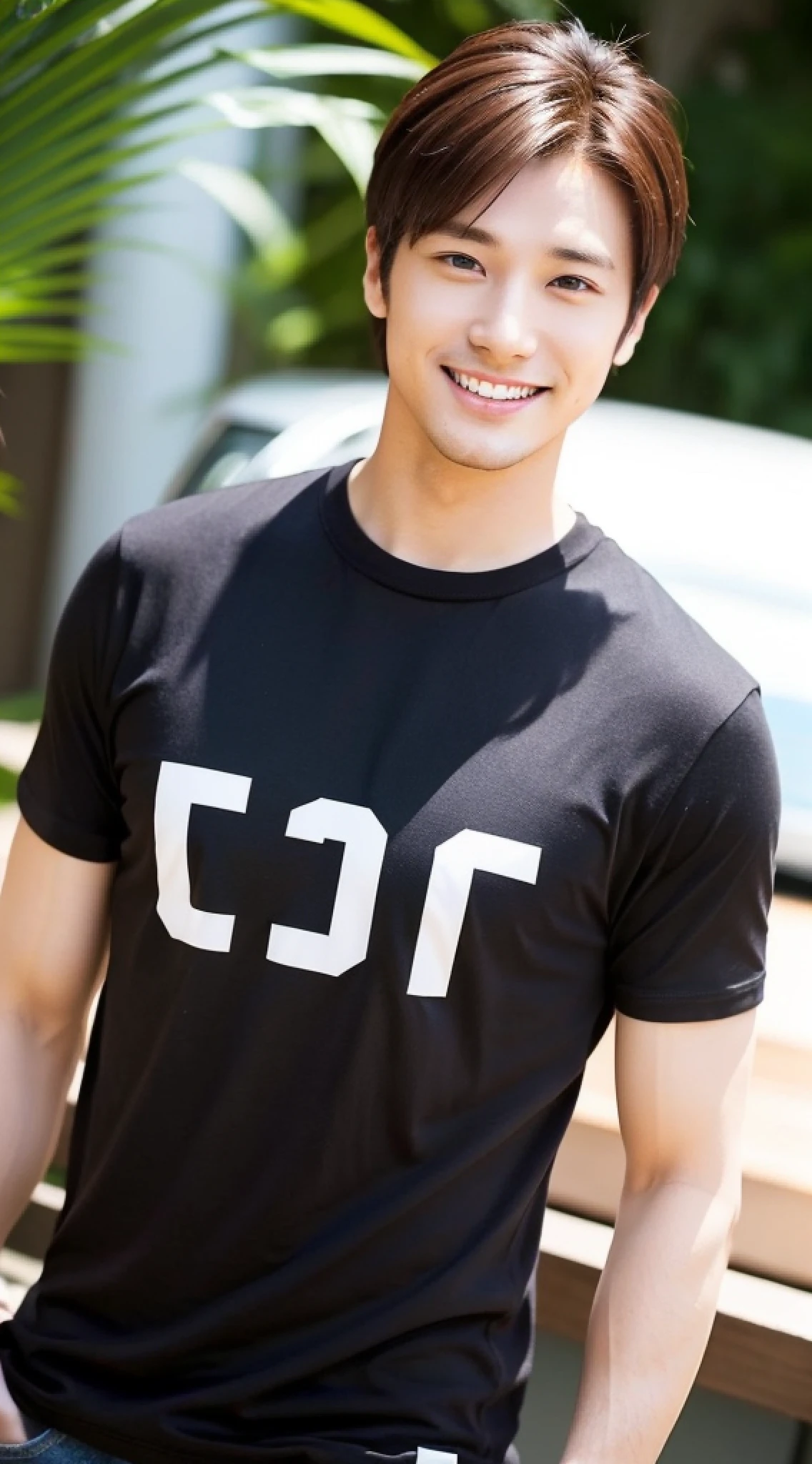 a man about 25 years old, brown hair, smile, sharp focus, full body (1.5), summer, T-shirt, black hair,