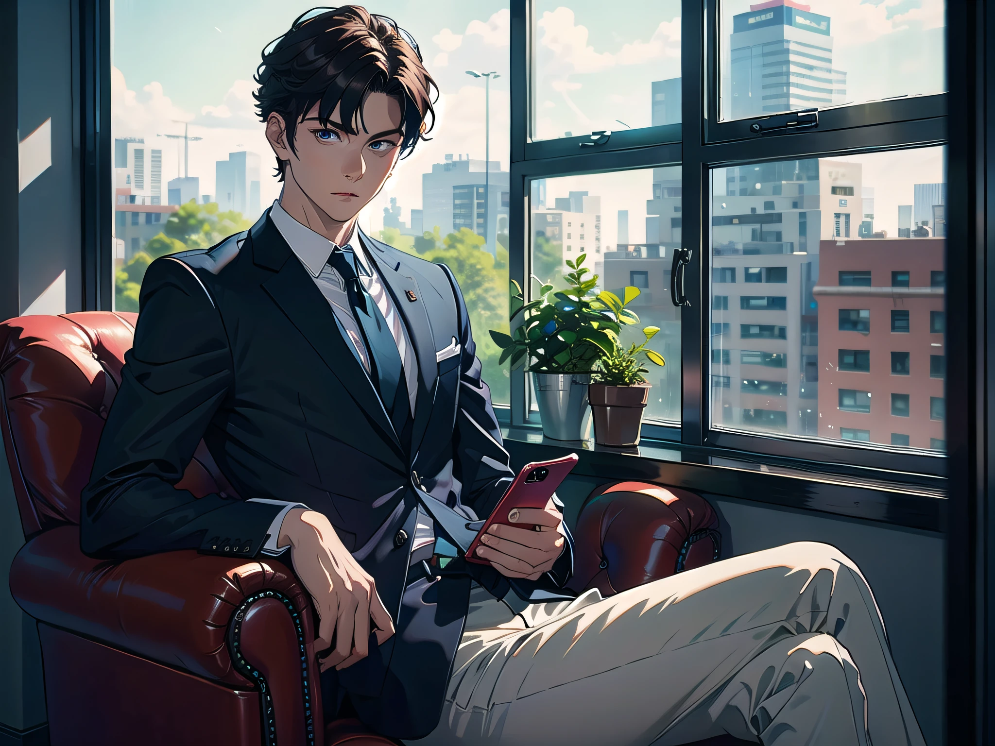 A handsome boy, 20 years old, sitting on a luxury sofa in the office, behind a floor-to-ceiling window, a serious face, looking straight ahead, wearing a black suit and shirt, holding a mobile phone in his hand