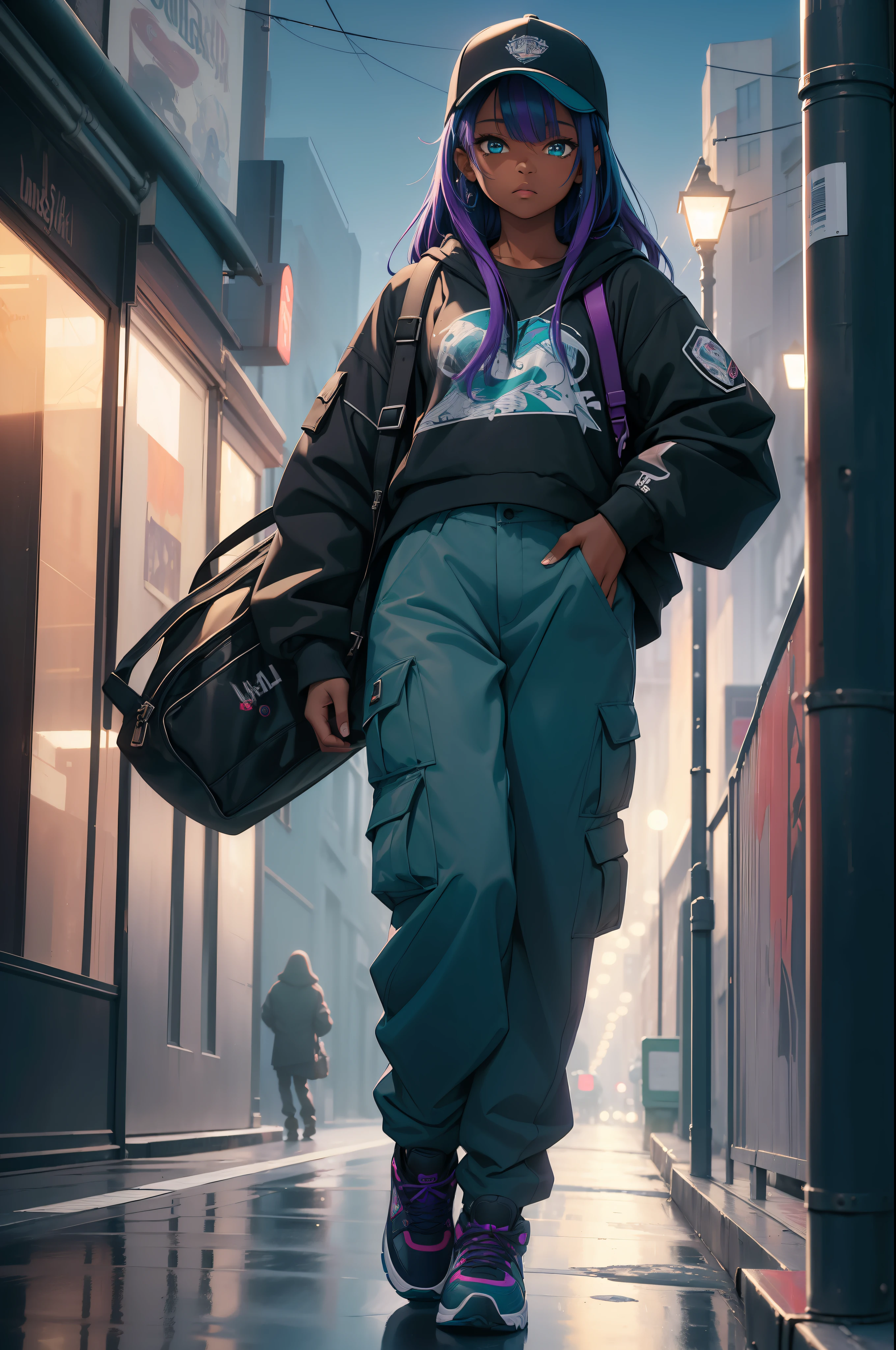 (masterpiece:1.4), 1girl, Streetwear,cargo pants, street, (masterpiece, best quality, highres, ultra detailed ), night, depth of field, absurdres, (masterpiece:1.4), ultra-detailed, 1girl, dark-skinned, stand up, black and teal, long purple wildly hair with teal streaks