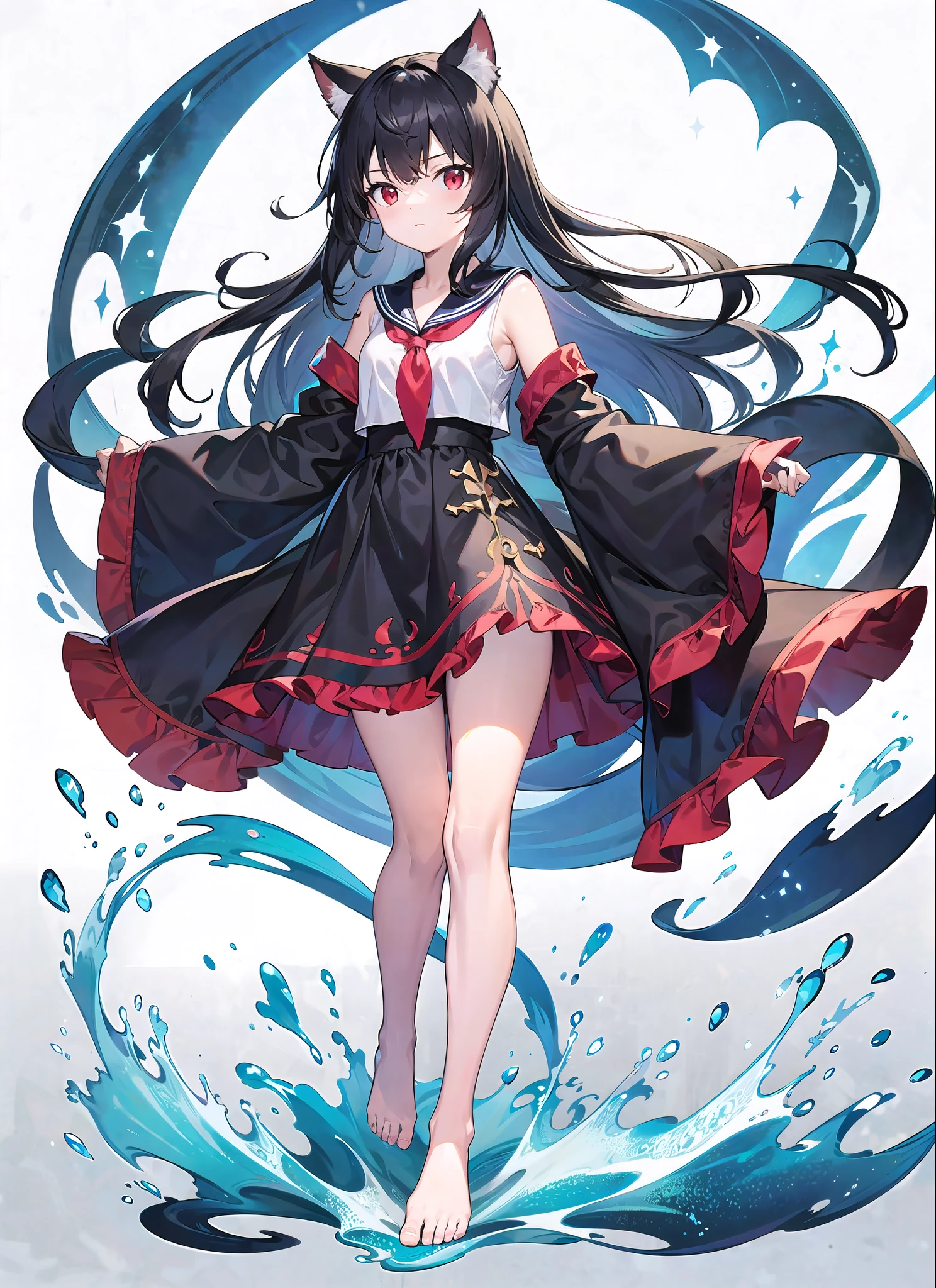 black hair ,long hair ,(medium breasts ,bare shoulders ,wide sleeves ,long sleeves ,red eyes ,messy hair ,cat girl ,bare legs ,bare feet ,sailors shirt ,thighs,cleavage ,sleeveless ,white background, full body ,cute ,loli ,child)