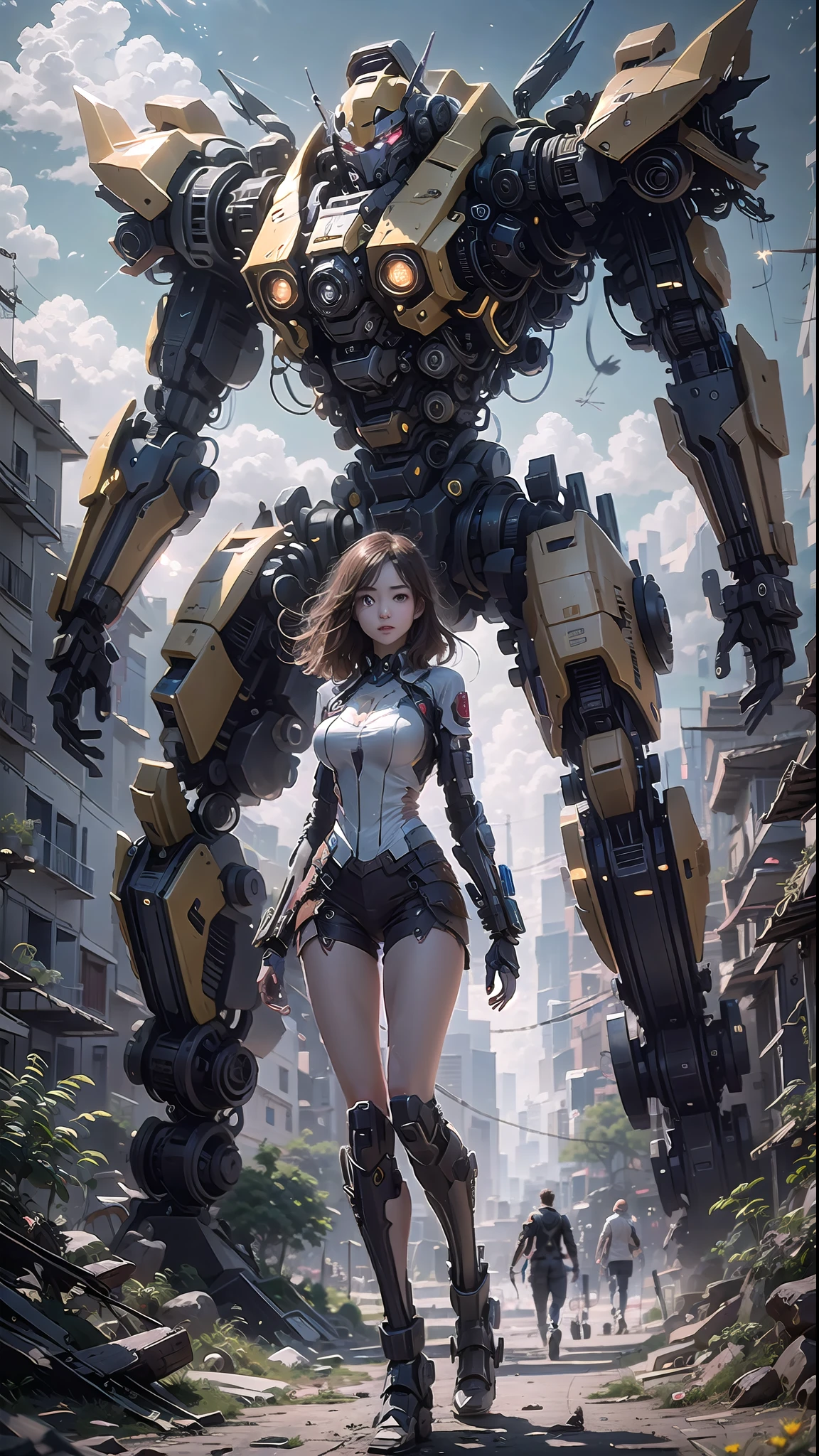((Best Quality)), ((Masterpiece)), (Very Detailed:1.3), 3D, Shitu-mecha, Beautiful cyberpunk woman with her pink mech in the ruins of a city in the forgotten war, Ancient technology, HDR (High Dynamic Range), ray tracing, NVIDIA RTX, super resolution, unreal 5, subsurface scattering, PBR texture, post-processing, anisotropic filtering, depth of field, maximum sharpness and sharpness, multi-layer texture, albedo and highlight maps, surface shading, Accurate simulation of light-material interactions, perfect proportions, octane rendering, duotone lighting, low ISO, white balance, rule of thirds, wide aperture, 8K RAW, efficient sub-pixels, subpixel convolution, luminescent particles, light scattering, Tyndall effect