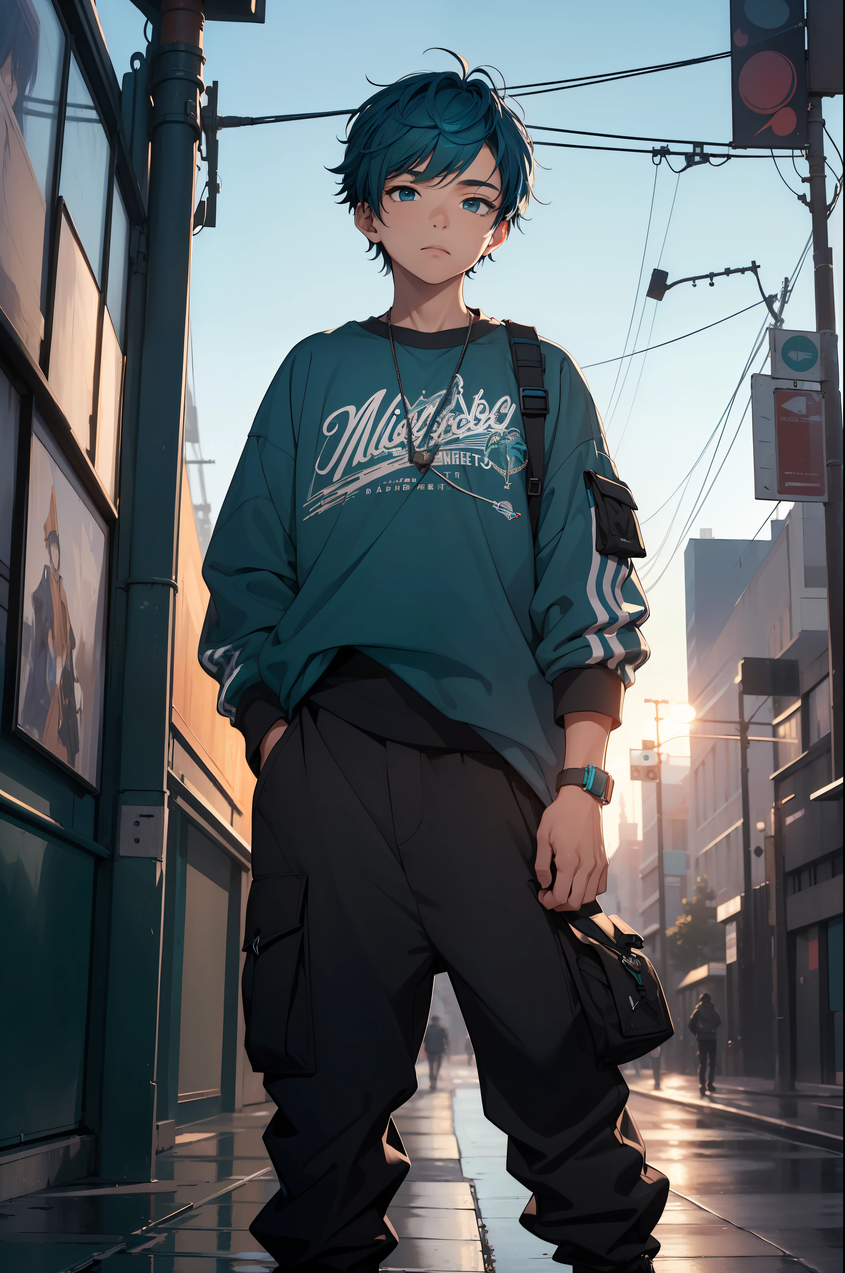 (masterpiece:1.4), 1boy, Streetwear,cargo pants, street, (masterpiece, best quality, highres, ultra detailed ), night, depth of field, absurdres, (masterpiece:1.4), ultra-detailed, 1boy, stand up, black and teal, short purple wildly hair with teal streaks