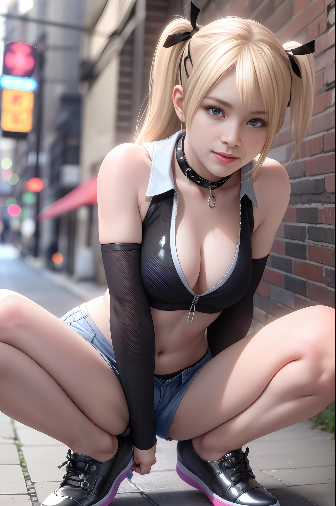 Marie Rose, (Contoured abs: 1.1), (Perfect body: 1.1), (Short wavy hair: 1.2), Blonde hair, Collar, chain, Full body photo, crowded streets, Wearing a transparent vest, ((Clear shorts)), (Extremely detailed CG 8k wallpaper), (Extremely delicate and beautiful), (Masterpiece), (Best quality: 1.0), (Ultra High resolution: 1.0), Beautiful lighting, Perfect lightning, Realistic shadows, [High resolution], Detailed skin, Ultra detailed ( ((colorful))), exposed panties, exposed panties, exposed underwear, exposed underwear, vaginal viewing implicitly, squatting in the street, legs open, camel hooves