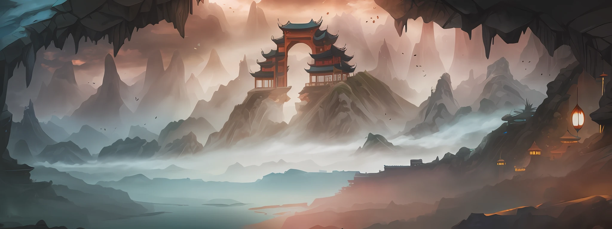 There is a mountain painting with architecture in the middle, magical Chinese castle, the sky is black, epic fantasy digital art style, Chinese watercolor style, digital painting of pagoda, background artwork, 4K detailed digital art, Chinese landscape, G liulian art style, 4K highly detailed digital art, background art, Chinese fantasy, digital 2D fantasy art --auto --s2