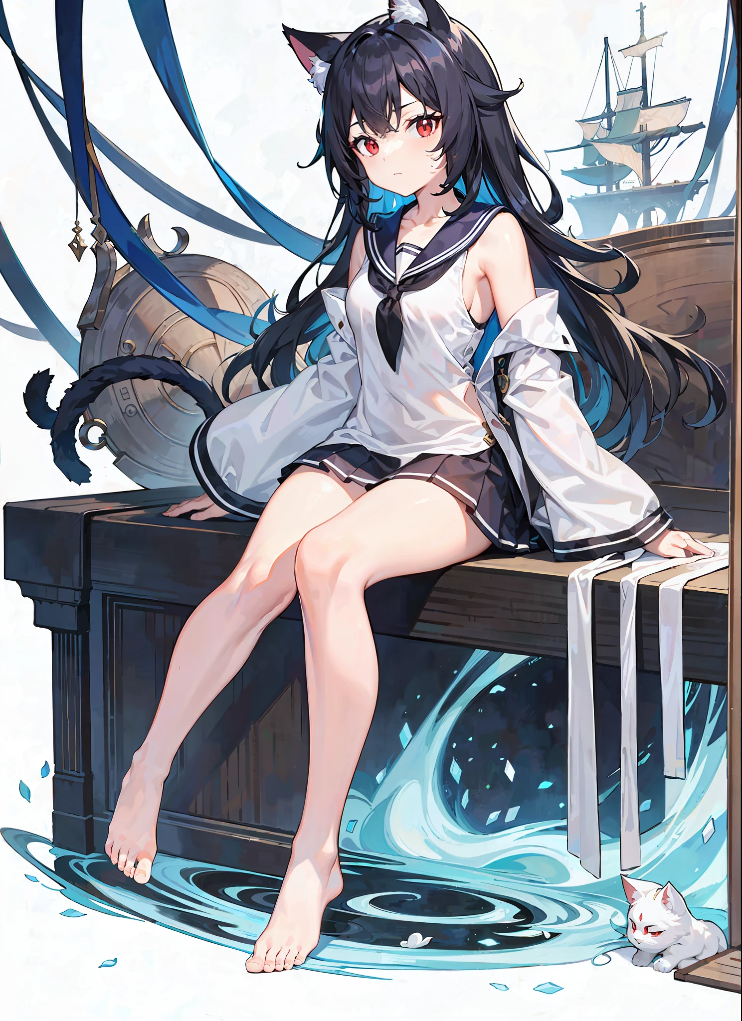 black hair ,long hair ,(medium breasts ,bare shoulders ,wide sleeves ,long sleeves ,red eyes ,messy hair ,cat girl ,bare legs ,bare feet ,sailors shirt ,thighs,cleavage ,sleeveless ,white background, full body ,cute , ,child)