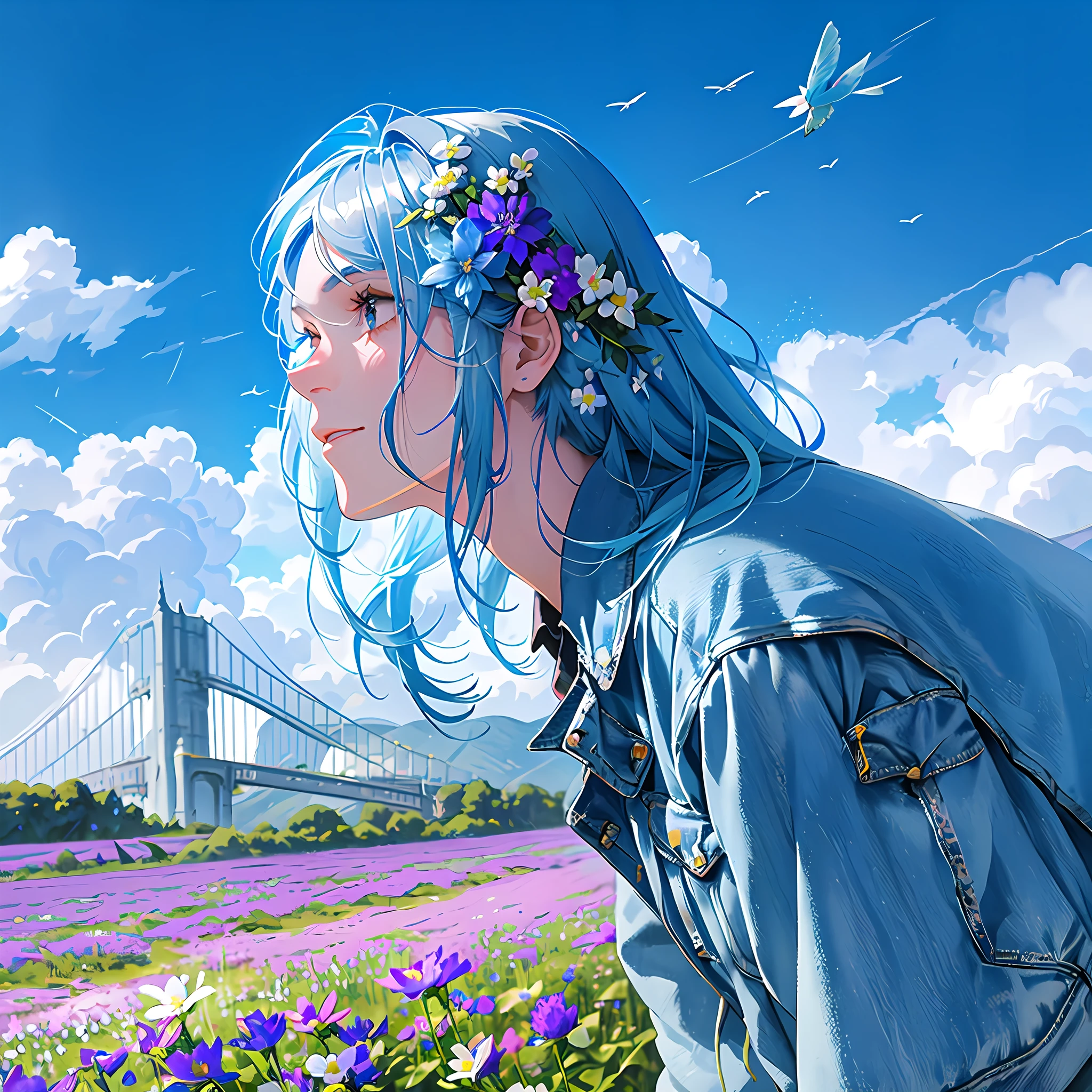 arafed woman with blue hair and a denim jacket in a field of flowers, sky blue hair, with blue hair, sky blue straight hair, clouds of vivid horse-hair wigs, spring day, flowing blue hair, girl with blue hair, long silver hair with a flower, an aesthetic field of flowers, girl in a flower field, beautiful blue haired girl