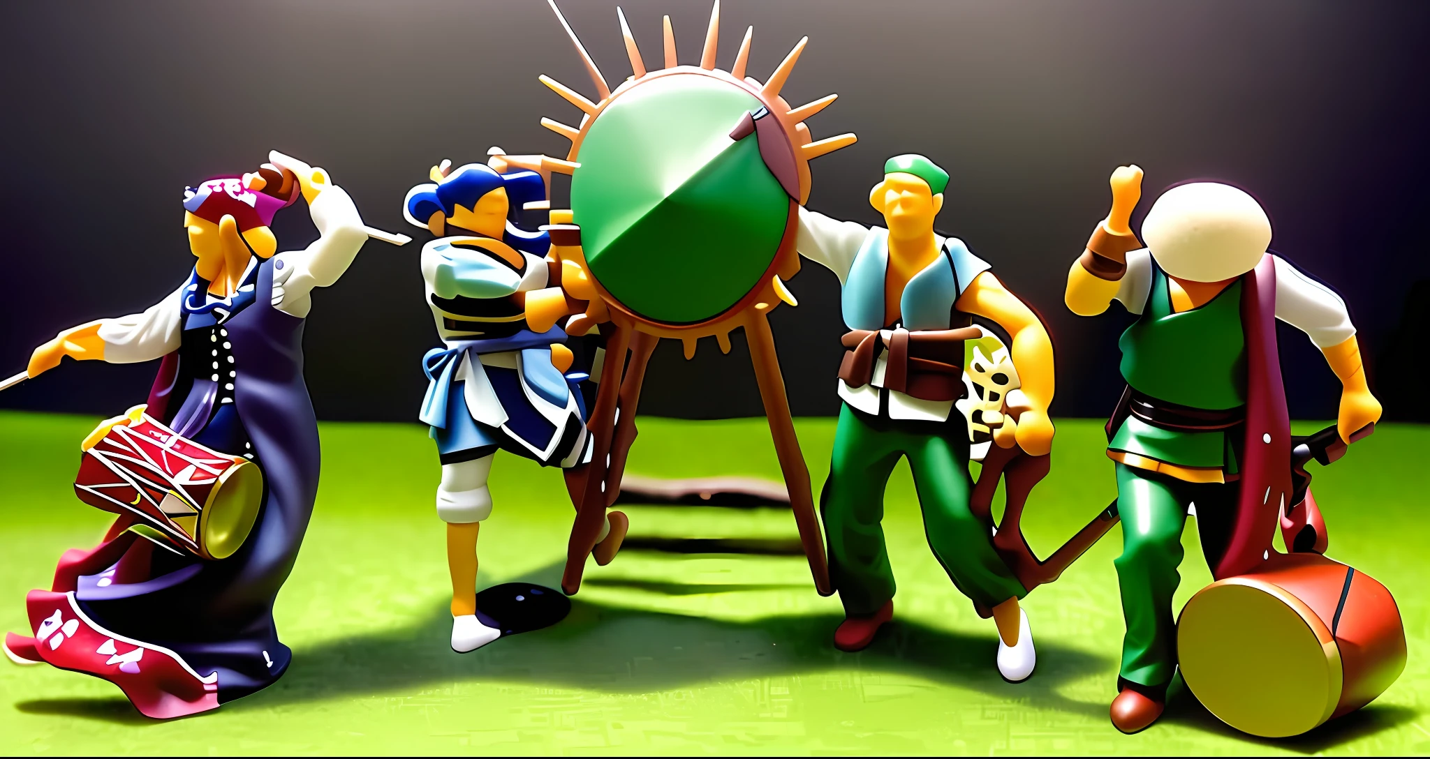 a close up of a group of figurines of people with musical instruments, dmt machine elves, everyone having fun, holding up a large shield, brandishing naginata haldberds, promo art, bow ashigaru, promo image, tribe members attacking, inspired by Hieronim Bosch, elves, mikado, album art, holiday season