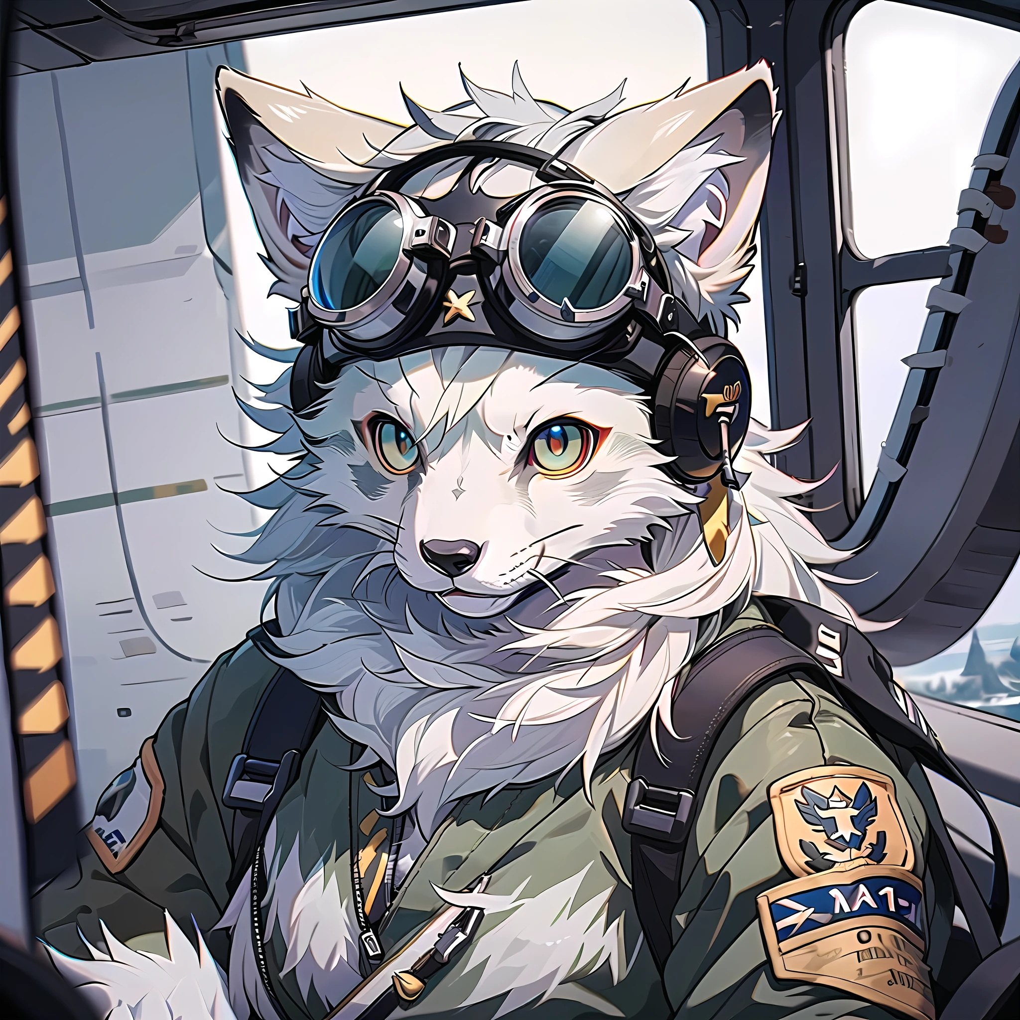 (Best Quality), (Masterpiece), (((Single))), (Ultra Detailed), (Furry), Full Body Furry, Furry, (Male Arctic Fox: 1.5), (Gray Skin: 1.3), (Gray Fur: 1.3), Character Focus, (Golden Eyes), ((Canine Paws)), ((Detailed People)), (Gray Ears), Sharp Focus, (Furry Animal Ears), Wearing a WWII Pilot Suit, Flying Goggles, Piloting a WWII fighter, Fly in the sky, propeller plane, fly an airplane, ((sitting in the cockpit of an airplane))