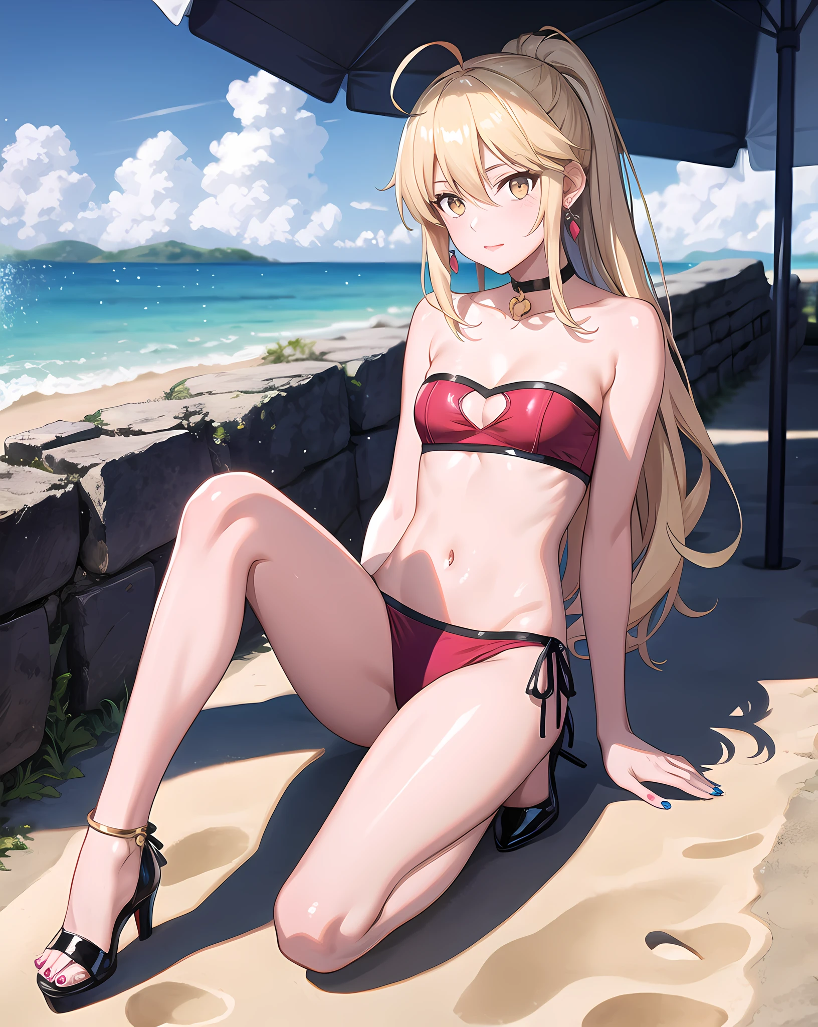 Artoria Pendragon Alter Fate,Fate/Grand Order, Golden eyes, Blonde hair, Horsetail, Around 20 years old, Thin body, Change the fate of Altria Pendragon,Fate / Grand Order, Golden eyes, Blonde hair, Horsetail, Strapless bikini, Around 20 years old, Thin body,, (Small breasts: 1.5), Chest: 1.0),

underboob, cleavage, very beautiful detailed anime face and eyes, depth field, fine detail, full_body, look_up_to, lipstick, sitting, beautiful detailed full body, girl, woman, woman, young, 20 years old, long hair, inverted hair, asymmetrical bangs, hair between the eyes, hair on the shoulders, undercut, light brown hair, shiny hair, ahoge, delicate face line blush stickers, nice big eyes, closed_mouth, bare_shoulders, nails, medium_breasts, navel, , brown eyes, white skin, beautiful accessories, earrings, choker, side tie_bikini_bottom, beautiful bare back, high_heels, skin dentation, cleavage_cutout, bare_legs, red clothes, blue_sky, beach, blue_sky, beautiful detailed shadows, cover, highly detailed CG8k wallpaper, highly detailed CG Unity 8k, wallpaper 8kCG,