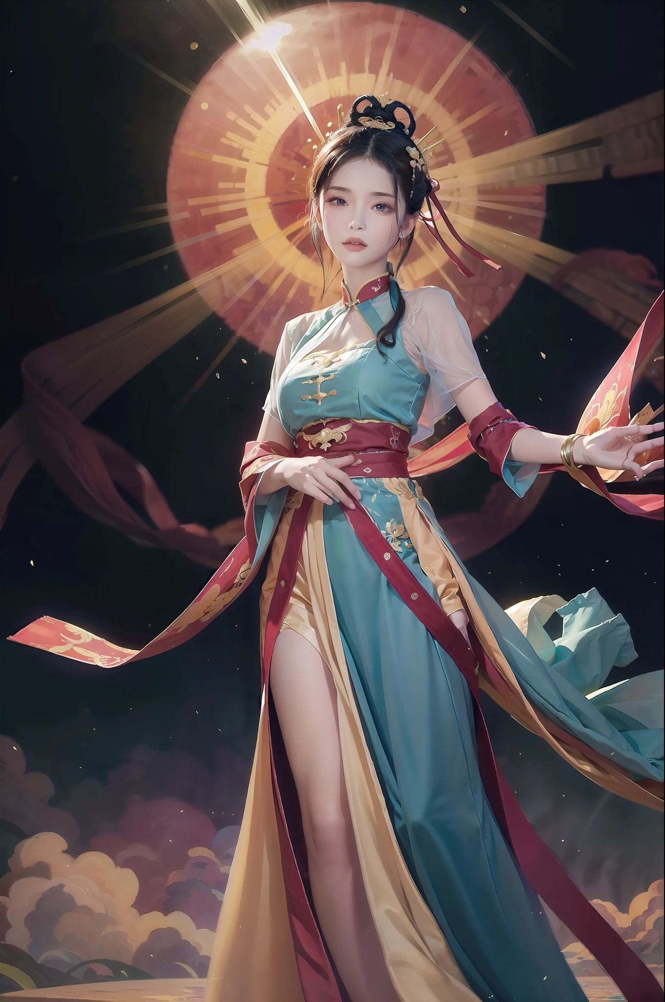 (Masterpiece, top quality, best quality, extreme detail, highest detail, official art, Beauty and Aesthetics: 1.2), Colorful, Denim Shot, Upper Body Shot, Beautiful Face, Solo, Perfect Body, Clouds in the Sky, Fairy, Flowing Streamers, Sun Rays, Clouds, Full Body, Hanfu, Chinese Clothes, White Dress, Water, Fireflies, Night, Starry Sky, Jewelry, Feathers on Dresses, Peacock Feathers, Light Particles, Volumetric Lighting, Ray Tracing (Flowing Streamers: 1.1), (Fantasy: 1.2), Illuminator, Stars, Fantasy, High Contrast, Ink Strokes, Overexposure, Purple and Red Tone Impressions, Abstract, ((Watercolor by John Berkey and Jeremy Man)) Brush Strokes, Cyan, Cyan