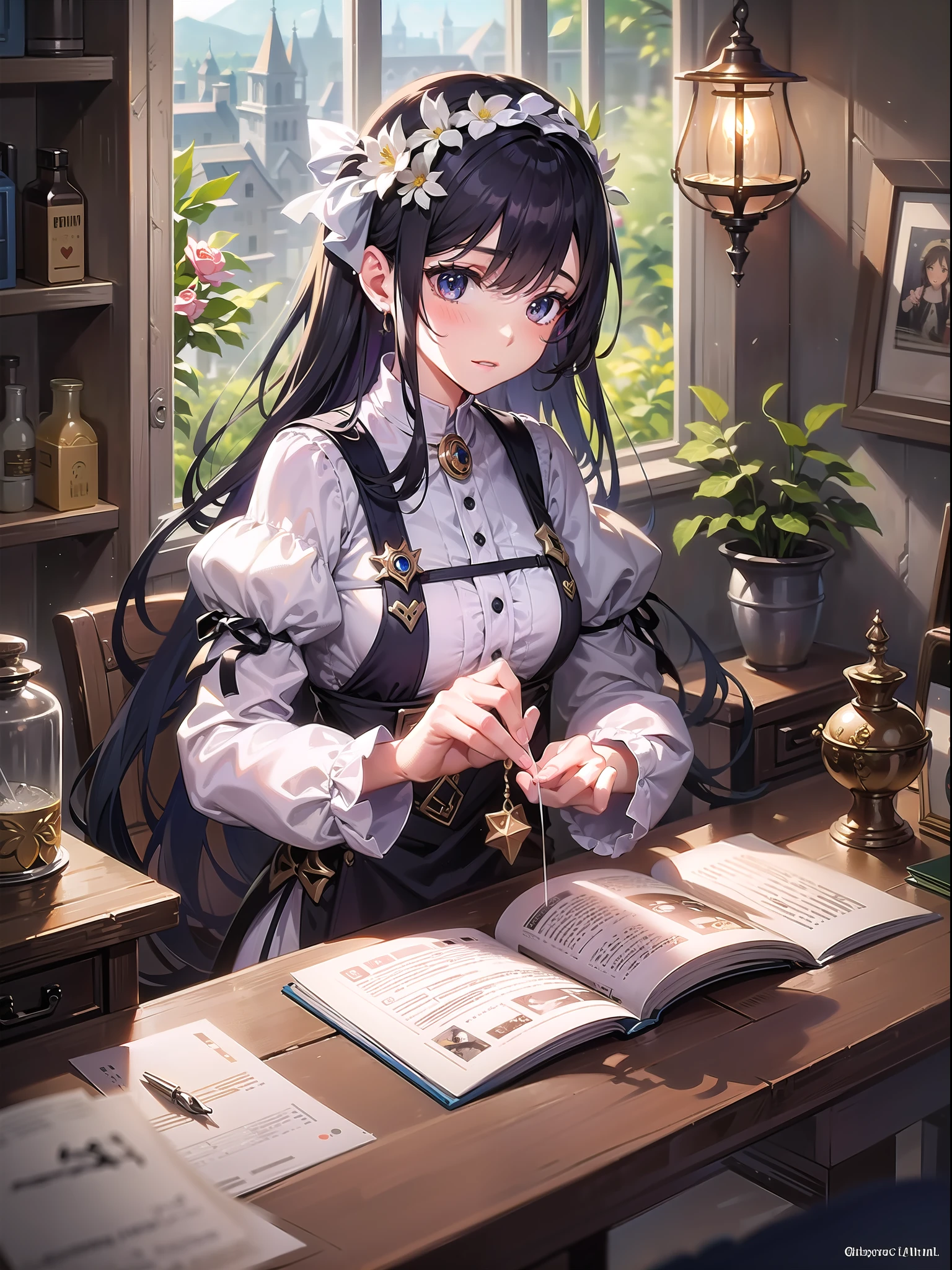 It depicts a girl with a magic needle, who hides her hands super perfectly, making a magical costume with a sewing machine. The girl has a pretty appearance of around and has long black hair that is swaying. Her eyes are shining and full of knowledge and creativity. She is dressed in a glamorous magical costume, the design of which is sprinkled with elements such as stars and flowers.
Background: The background of the illustration is a place that seems to be a magical atelier. The room is full of old and quirky furniture and magical paraphernalia with bright light. From the window, you can see the scenery outside, and in the distance there are magical islands and hanging gardens floating in the sky.
Atmosphere: The illustrations express the charm of the magical world and the passion and talent of the girl. Warm colours and soft lighting create a fantastic and dreamy atmosphere. You can see concentration and joy in the girl's expression, the sound of the sewing machine and the light of the seams envelop her