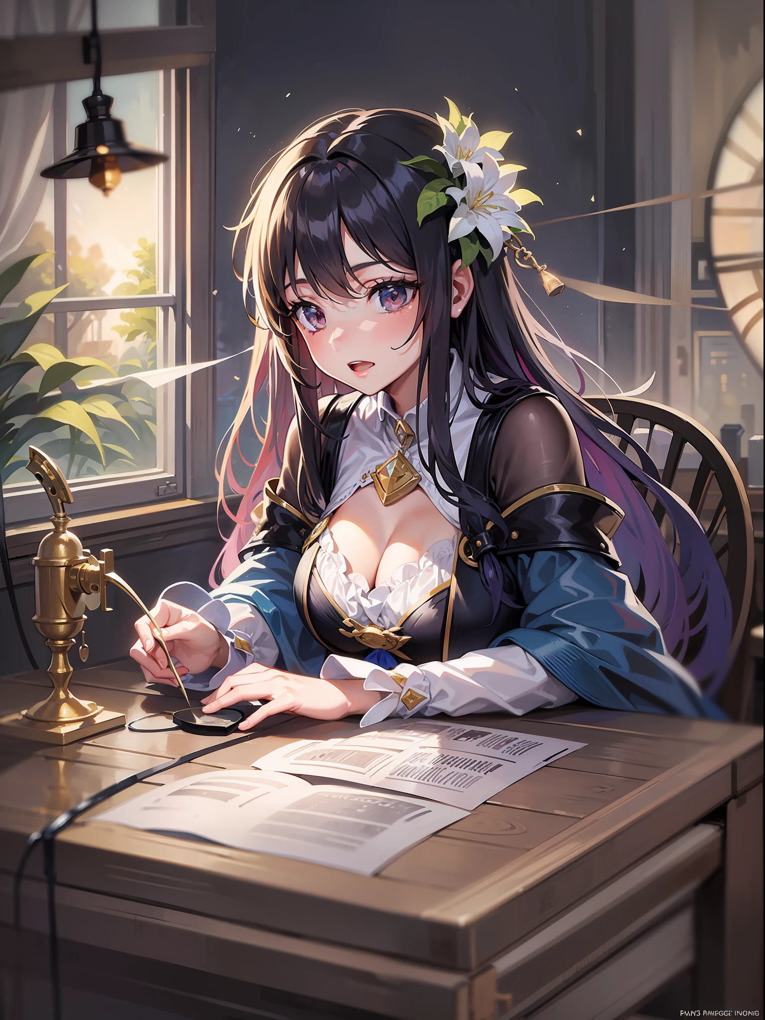 It depicts a girl with a magic needle, who hides her hands super perfectly, making a magical costume with a sewing machine. The girl has a pretty appearance of around and has long black hair that is swaying. Her eyes are shining and full of knowledge and creativity. She is dressed in a glamorous magical costume, the design of which is sprinkled with elements such as stars and flowers.
Background: The background of the illustration is a place that seems to be a magical atelier. The room is full of old and quirky furniture and magical paraphernalia with bright light. From the window, you can see the scenery outside, and in the distance there are magical islands and hanging gardens floating in the sky.
Atmosphere: The illustrations express the charm of the magical world and the passion and tnt of the girl. Warm colours and soft lighting create a fantastic and dreamy atmosphere. You can see concentration and joy in the girl's expression, the sound of the sewing machine and the light of the seams envelop her