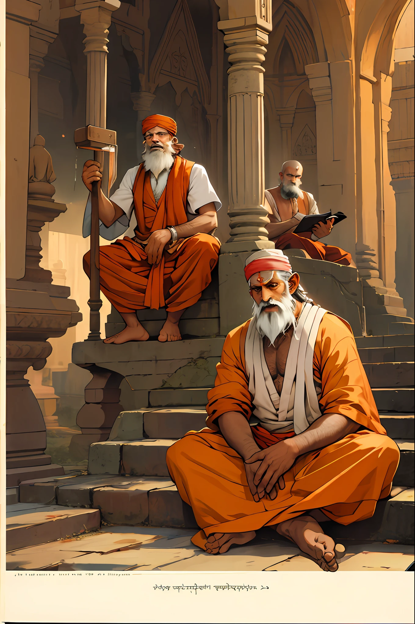 "A man sitting with Hindu sadhus and listening to a sermon."