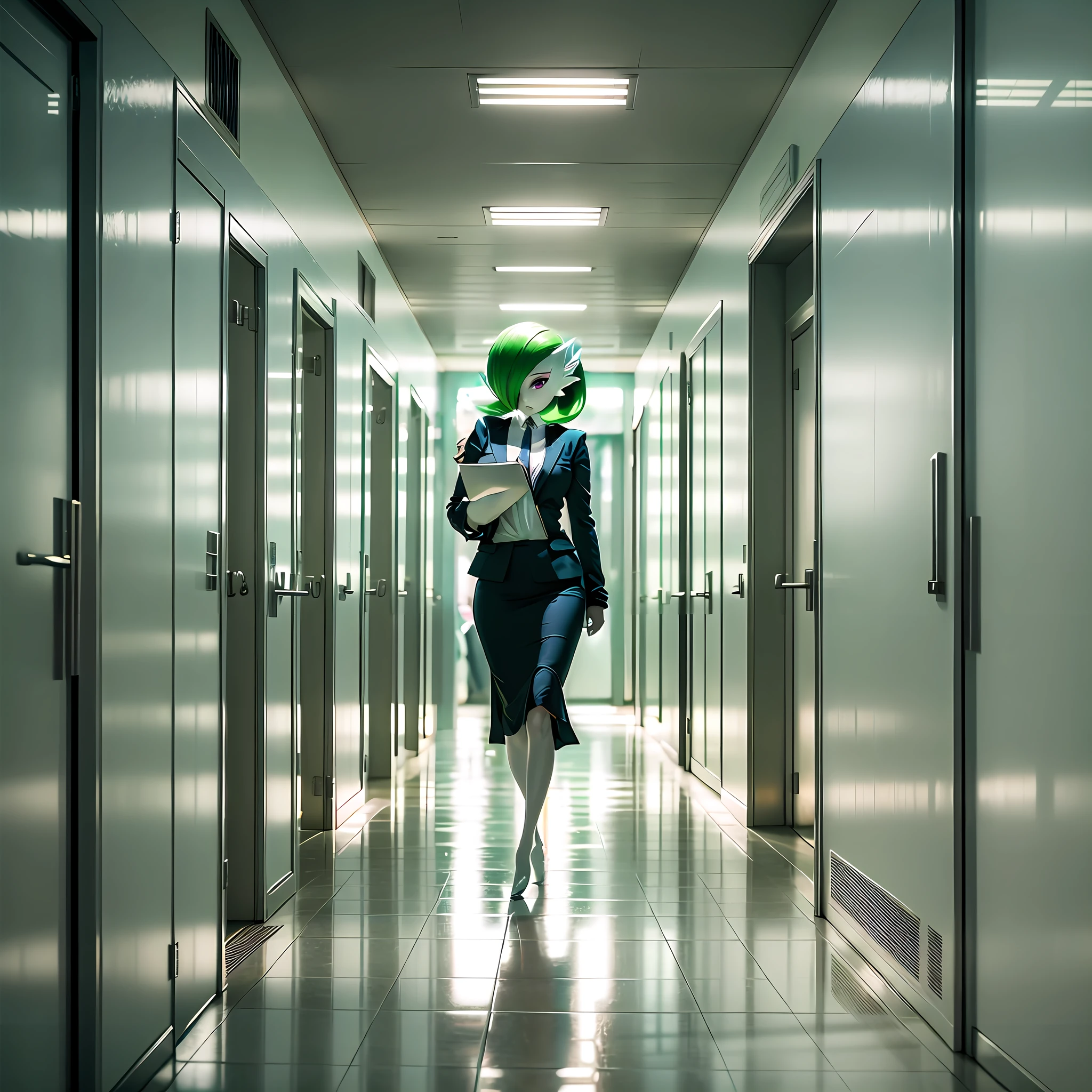masterpiece, best_quality, 1girl, solo, gardevoir, white dress, creatures \(company\), game freak, nintendo, pokemon, pokemon \(game\), bangs, colored skin, female focus, flat chest, gen 3 pokemon, green hair, green skin, hair over one eye, multicolored skin, pokemon \(creature\), red eyes, short hair, two-tone skin, white skin