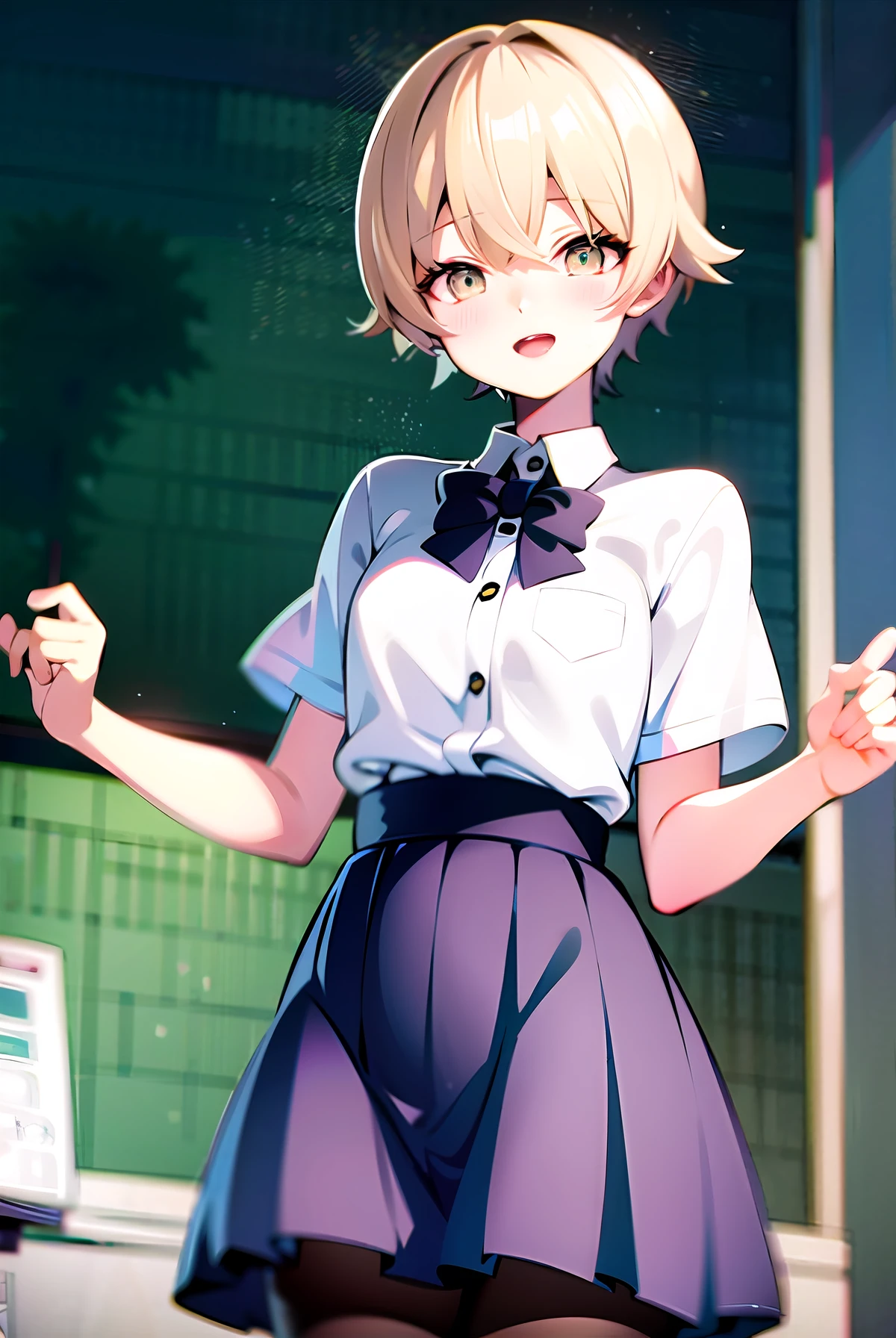 Short blonde hair, anime illustration, two-dimensional, tsundere, school uniform, classroom