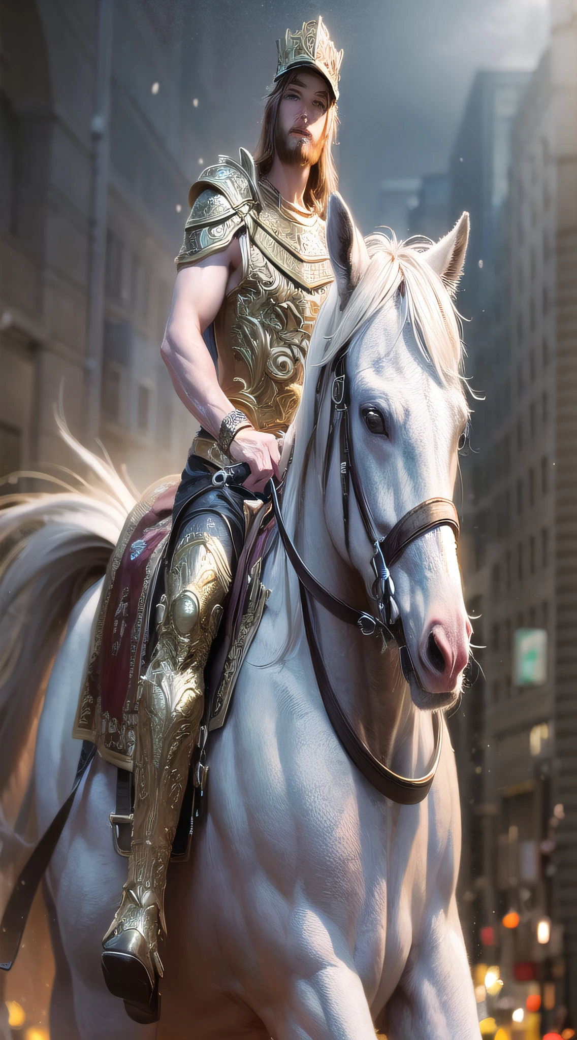 Jesus man riding a white horse in the middle of a storm, masterpiece, best quality, high quality, extremely detailed CG unit 8k wallpaper, award-winning photography, Bokeh, Depth of field, HDR, bloom, chromatic aberration, photorealistic, extremely detailed, trend in artstation, trend in CGsociety, intricate, high detail, dramatic, art in the middle of the journey, volumetric lighting --auto --s2