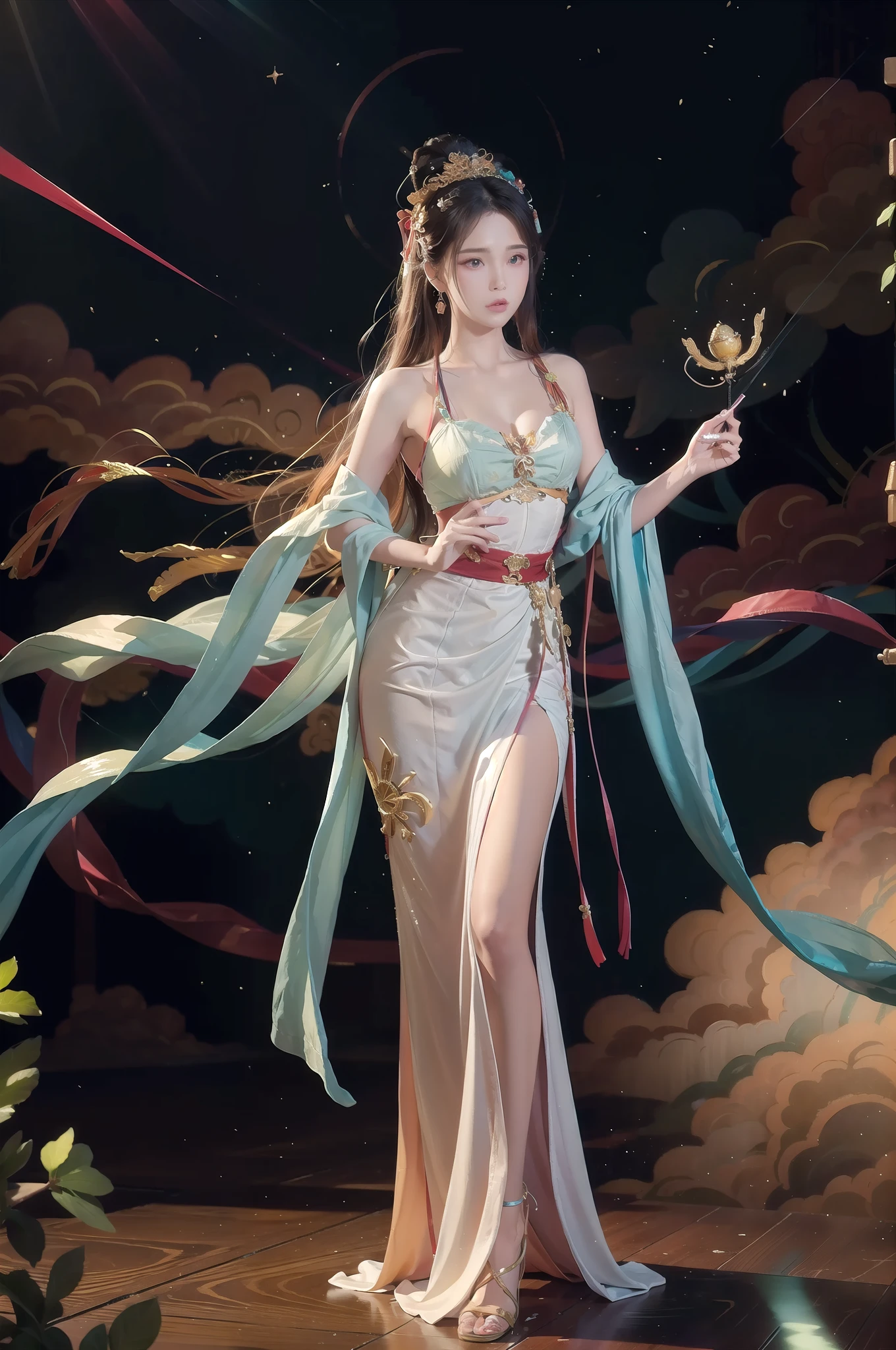 (Masterpiece, top quality, best quality, extreme detail, highest detail, official art, Beauty and Aesthetics: 1.2), Colorful, Denim Shot, Upper Body Shot, Beautiful Face, Solo, Perfect Body, Clouds in the Sky, Fairy, Flowing Streamers, Sun Rays, Clouds, Full Body, Hanfu, Chinese Clothes, White Dress, Water, Fireflies, Night, Starry Sky, Jewelry, Feathers on Dresses, Peacock Feathers, Light Particles, Volumetric Lighting, Ray Tracing (Flowing Streamers: 1.1), (Fantasy: 1.2), Illuminator, Stars, Fantasy, High Contrast, Ink Strokes, Overexposure, Purple and Red Tone Impressions, Abstract, ((Watercolor by John Berkey and Jeremy Man)) Brush Strokes, Cyan, Cyan