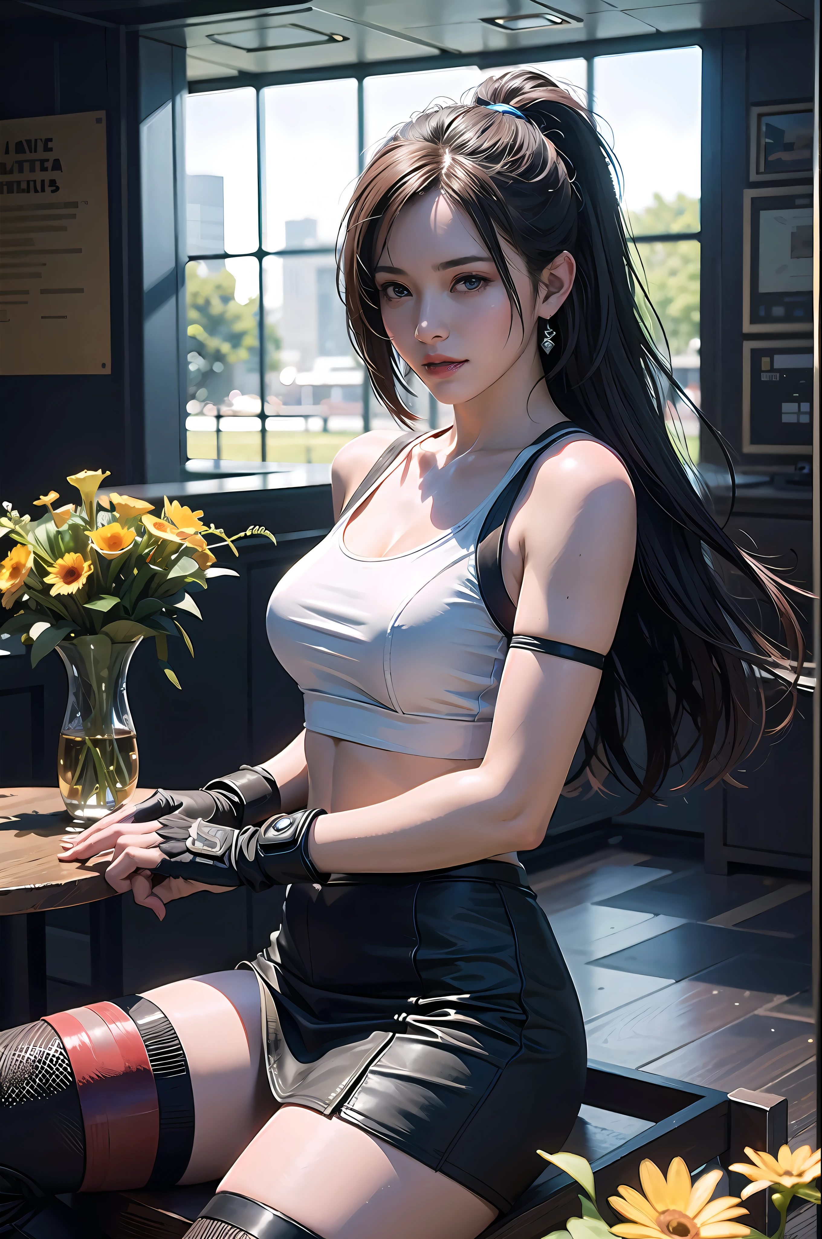 (8K, Top Quality, Masterpiece: 1.2), (Realistic, Photorealistic: 1.37), Ultra HD, Final Fantasy VII Remake's Tifa Lockhart sitting on a date in a highly detailed café in a cityscape A detailed portrait with beautiful detailed eyes and a blushing nose that makes you look cute and solo. She wears single elbow pads, ankle boots, a black skirt, black thigh-highs, red boots, and elbow gloves, elbow pads, and fingerless gloves. Her outfit includes a sports bra, suspender skirt, thigh highs, and a white tank top. The full body is visible with the head resting on the hand, revealing a pretty face, long hair tied low, and lips. The scene is lit with professional lighting, photon mapping and radiosity, creating a cyberfuturistic atmosphere in the style of Tetsuya Nomura. The background features yellow flowers and a bokeh effect. Tifa smiled a little and closed her mouth.