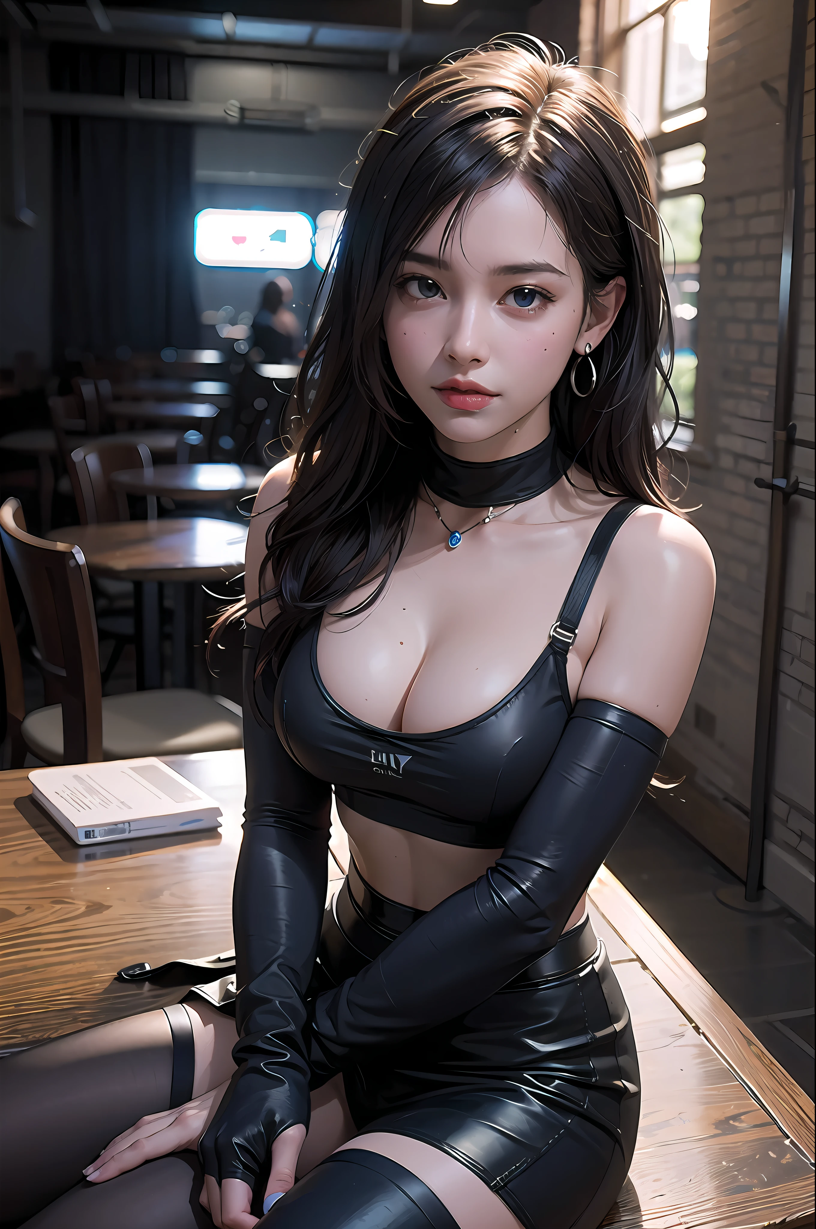 (8K, Top Quality, Masterpiece: 1.2), (Realistic, Photorealistic: 1.37), Ultra HD, Final Fantasy VII Remake's Tifa Lockhart sitting on a date in a highly detailed café in a cityscape A detailed portrait with beautiful detailed eyes and a blushing nose that makes you look cute and solo. She wears single elbow pads, ankle boots, a black skirt, black thigh-highs, red boots, and elbow gloves, elbow pads, and fingerless gloves. Her outfit includes a sports bra, suspender skirt, thigh highs, and a white tank top. The full body is visible with the head resting on the hand, revealing a pretty face, long hair tied low, and lips. The scene is lit with professional lighting, photon mapping and radiosity, creating a cyberfuturistic atmosphere in the style of Tetsuya Nomura. The background features yellow flowers and a bokeh effect. Tifa smiled a little and closed her mouth.