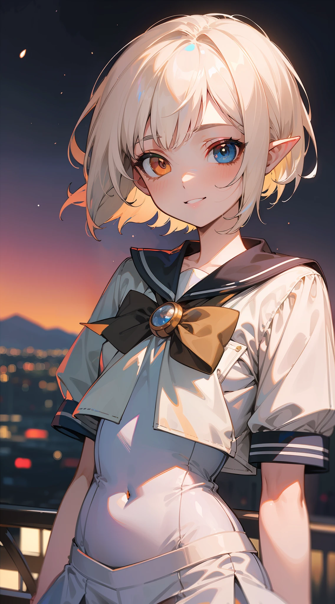 (top quality, masterpiece, super high definition, super detail), night sky background, cowboy shot, one, kind-hearted elf girl, short hair (slender), (small), platinum blonde short hair, ((heterochromia)), beautiful detail eyes, pale orange eyes, (sailor suit), mini skirt, smile that wants to protect