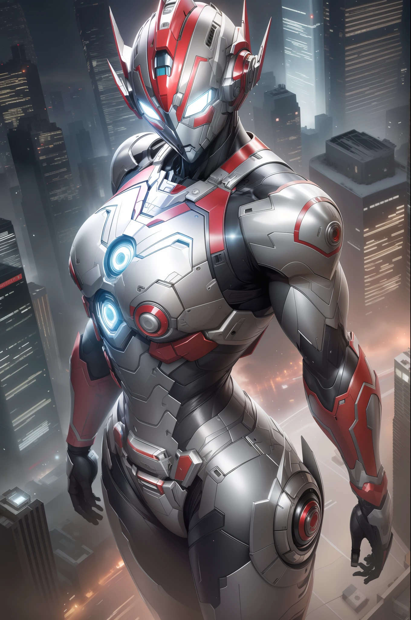(Masterpiece, Superb Quality, Super Delicate, High Resolution), Male Focus, (((Mobile Ultraman))), (No Muscles))), (Her head is tapered, her body is made of red and silver, her arms are streamlined, she has a round calculator on her chest, she looks tall and thin, the overall look is streamlined and modern), (standing pose), pose for photos, high angle, dark night, city ruins, background details, ((((whole body))), from above, solo, ((( Huge feeling)))