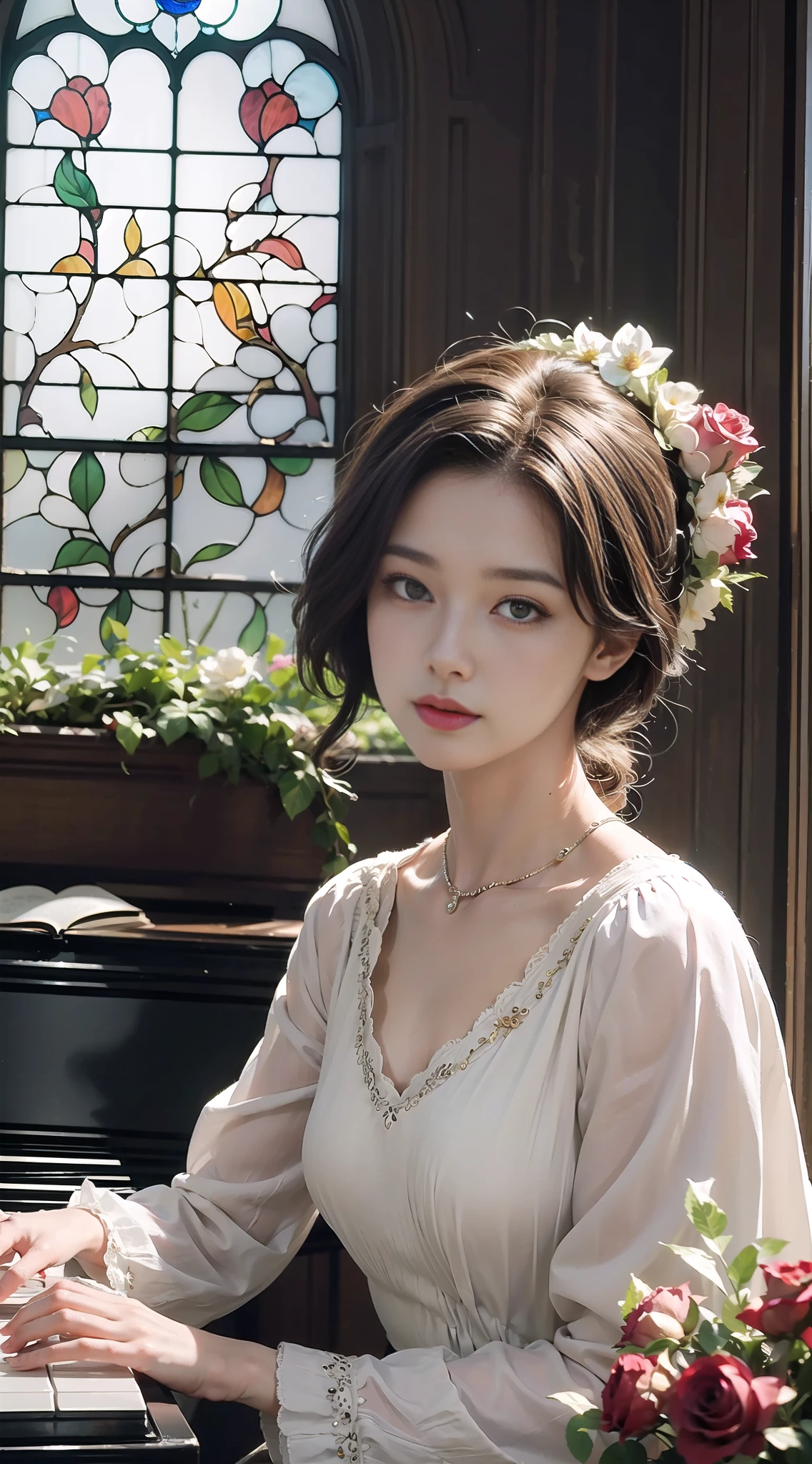 Masterpiece, high quality, A girl playing flower piano, classic piano, piano highly decorated with flower, piano decorated with flower on top, colorful flower, poison ivy, roses, majestic lightting, photorealistic, dramatic lighting, stained glass window & door, bokeh flower, majestic lighting, dreamy vintage film look, matte, film grain, kodak potra color,