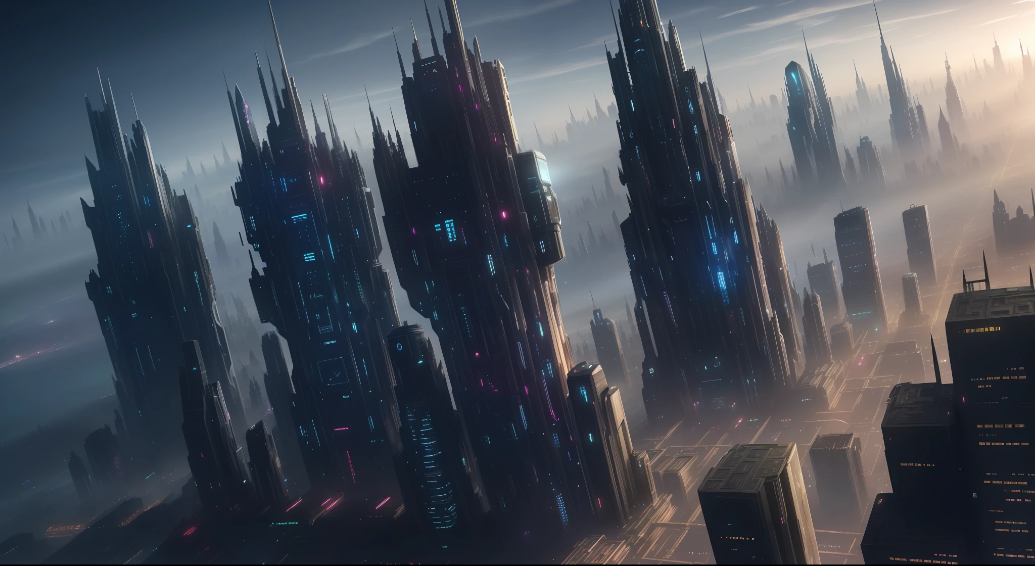 futuristic city with skyscrapers and a clock tower in the middle of the city, sci - fi city, in fantasy sci - fi city, dark futuristic city, sci fi city, futuristic cityscape, futuristic city scape, science fiction city, huge futuristic temple city, futuristic dystopian city, futuristic cyberpunk city, an alien cityscape, hyper-futuristic city, ancient sci - fi city