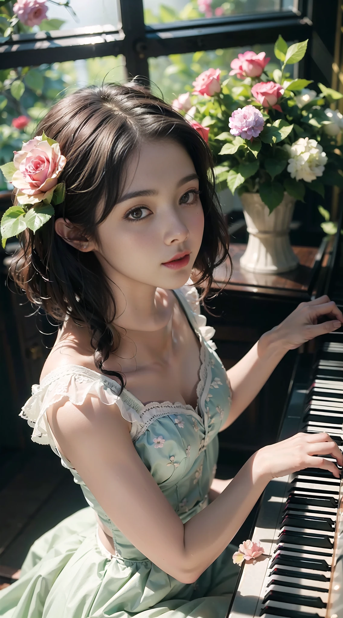 ((Masterpiece, high quality)), high angle, editorial pose, 1girl, playing a flower decorated piano, very dedicated look, classic piano, piano highly decorated with flowers, piano decorated with colourful flowers on top, colorful flower, poison ivy, roses, hydrangeas, majestic lighting, photorealistic, dramatic lighting, stained glass window & door, light leak, lens flare light, colourful lighting from top, dreamy vintage film look photo, matte, film grain, kodak potra colour, slightly green tint shadow,