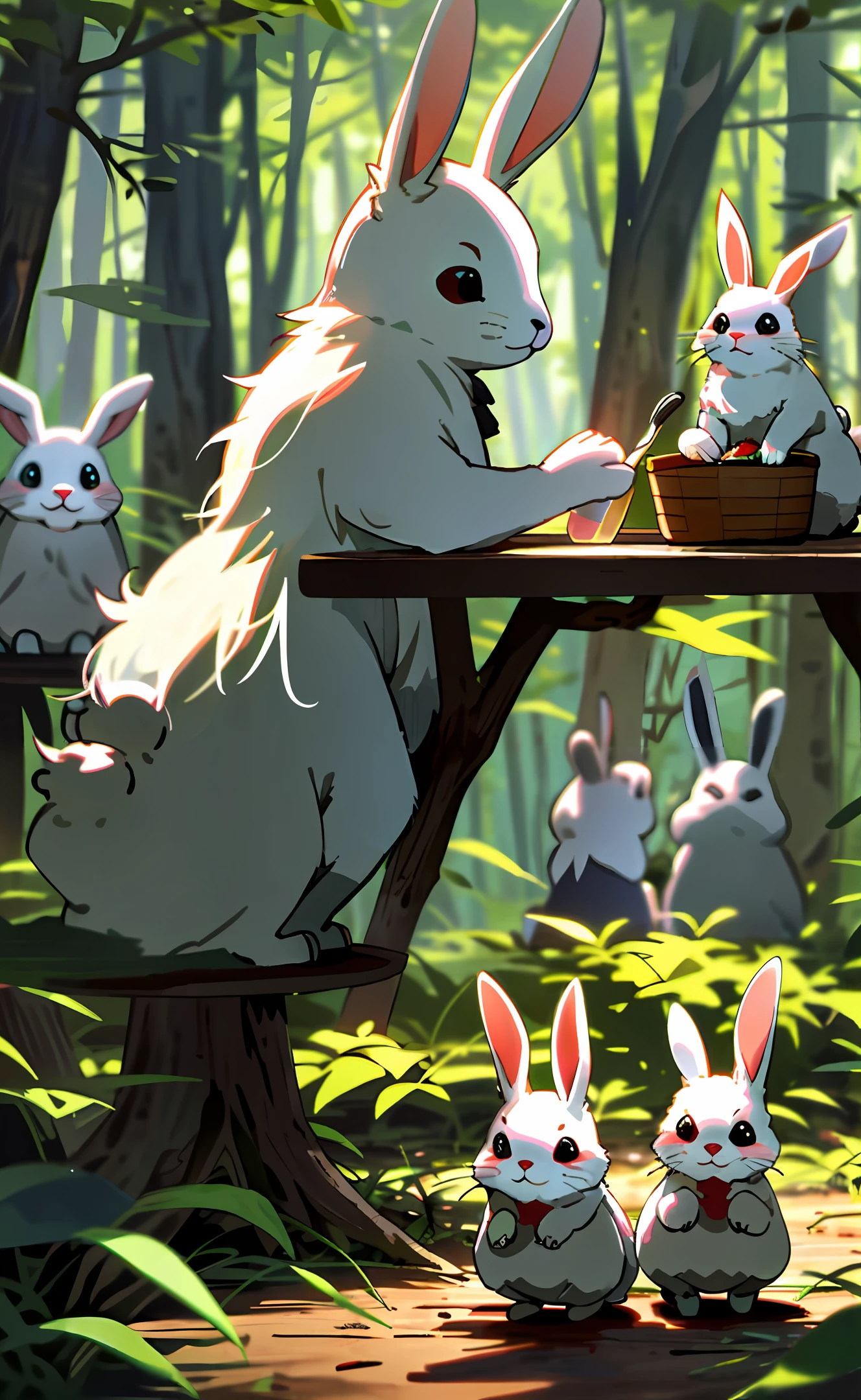 Cute rabbit family, in the forest, gathered around for dinner