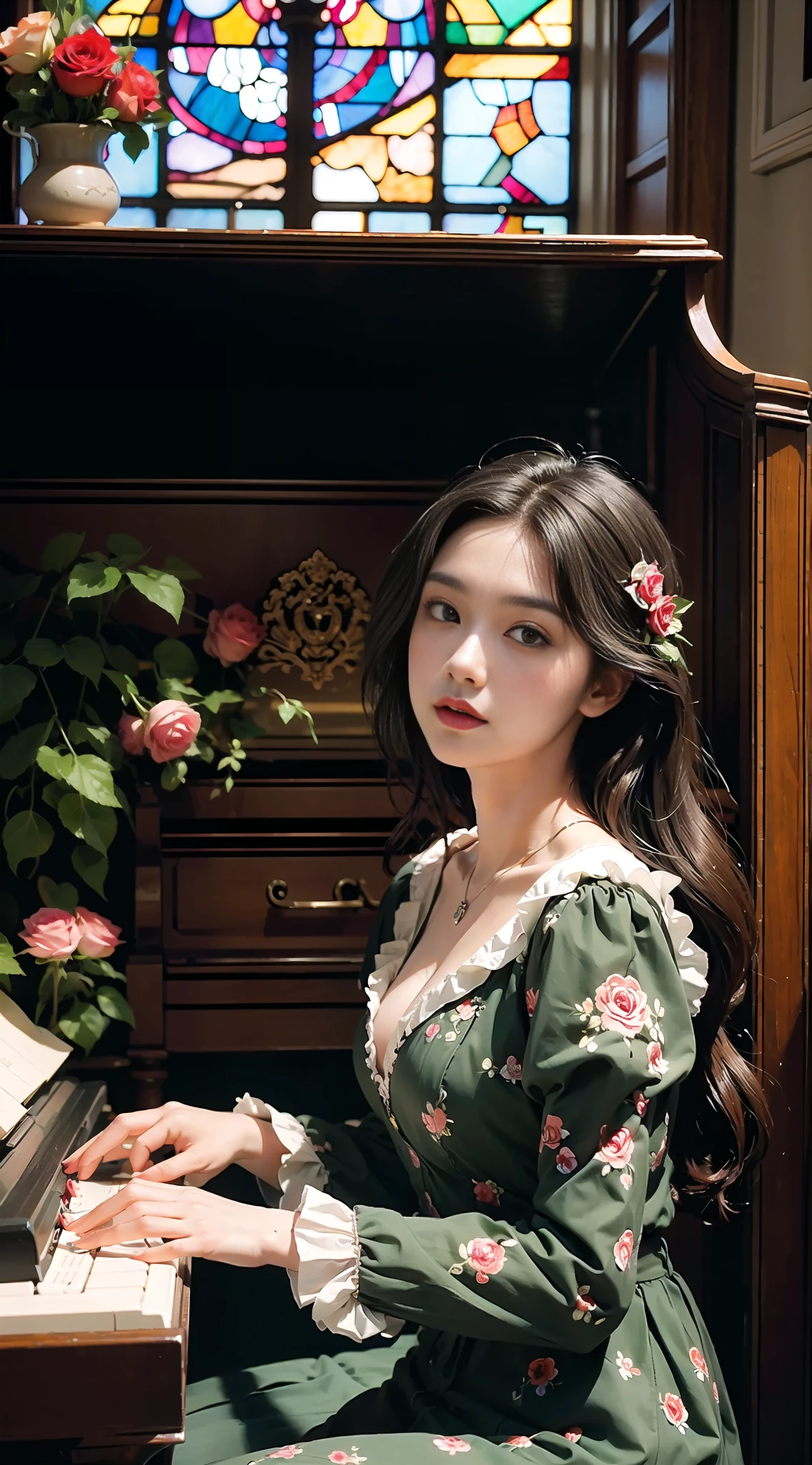 Masterpiece, high quality, A girl playing flower piano, classic piano, piano highly decorated with flower, piano decorated with flower on top, colorful flower, poison ivy, roses, majestic lightting, photorealistic, dramatic lighting, stained glass window & door, light leak, lens flare light, colorful lighting from top