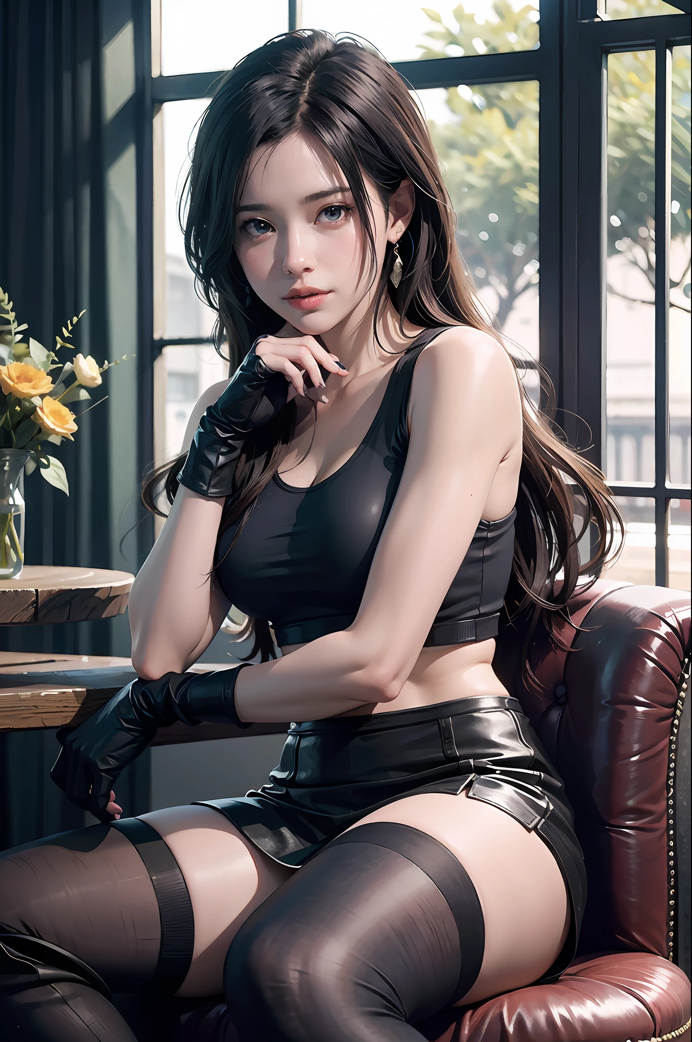 (8K, Top Quality, Masterpiece: 1.2), (Realistic, Photorealistic: 1.37), Ultra HD, Final Fantasy VII Remake&#39;s Tifa Lockhart sitting on a date in a highly detailed café in a cityscape A detailed portrait with beautiful detailed eyes and a blushing nose that makes you look cute and solo. She wears single elbow pads, ankle boots, a black skirt, black thigh-highs, red boots, and elbow gloves, elbow pads, and fingerless gloves. Her outfit includes a sports bra, suspender skirt, thigh highs, and a white tank top. The full body is visible with the head resting on the hand, revealing a pretty face, long hair tied low, and lips. The scene is lit with professional lighting, photon mapping and radiosity, creating a cyberfuturistic atmosphere in the style of Tetsuya Nomura. The background features yellow flowers and a bokeh effect. Tifa smiled a little and closed her mouth.