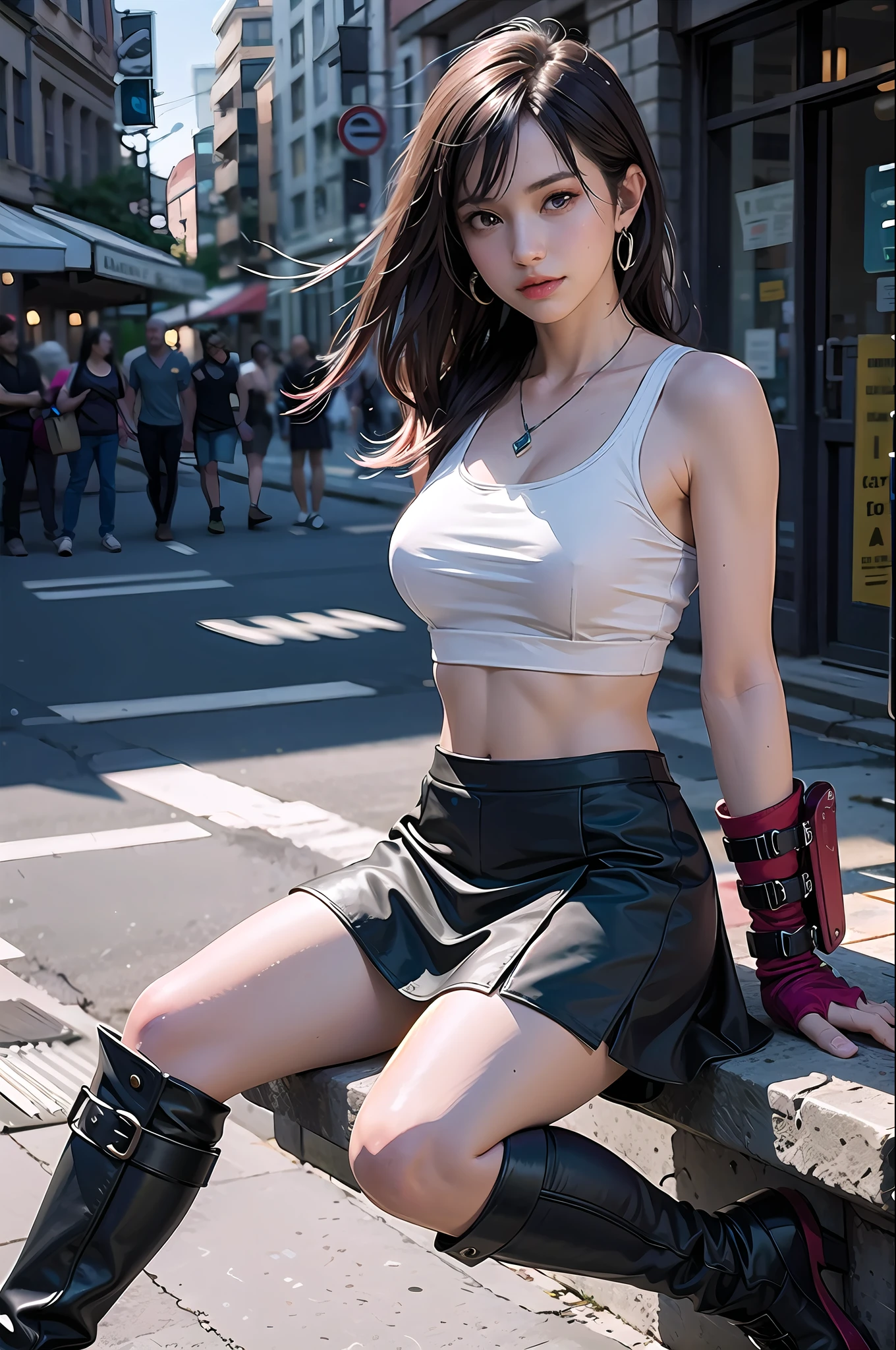 (8K, Top Quality, Masterpiece: 1.2), (Realistic, Photorealistic: 1.37), Ultra HD, Final Fantasy VII Remake&#39;s Tifa Lockhart sitting on a date in a highly detailed café in a cityscape A detailed portrait with beautiful detailed eyes and a blushing nose that makes you look cute and solo. She wears single elbow pads, ankle boots, a black skirt, black thigh-highs, red boots, and elbow gloves, elbow pads, and fingerless gloves. Her outfit includes a sports bra, suspender skirt, thigh highs, and a white tank top. The full body is visible with the head resting on the hand, revealing a pretty face, long hair tied low, and lips. The scene is lit with professional lighting, photon mapping and radiosity, creating a cyberfuturistic atmosphere in the style of Tetsuya Nomura. The background features yellow flowers and a bokeh effect. Tifa smiled a little and closed her mouth.