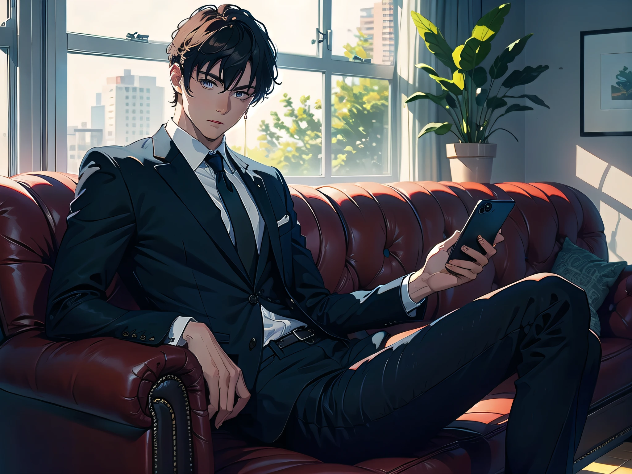 A handsome boy, 20 years old, sitting on a luxury sofa in the office, behind a floor-to-ceiling window, a serious face, looking straight ahead, wearing a black suit and shirt, holding a mobile phone in his hand