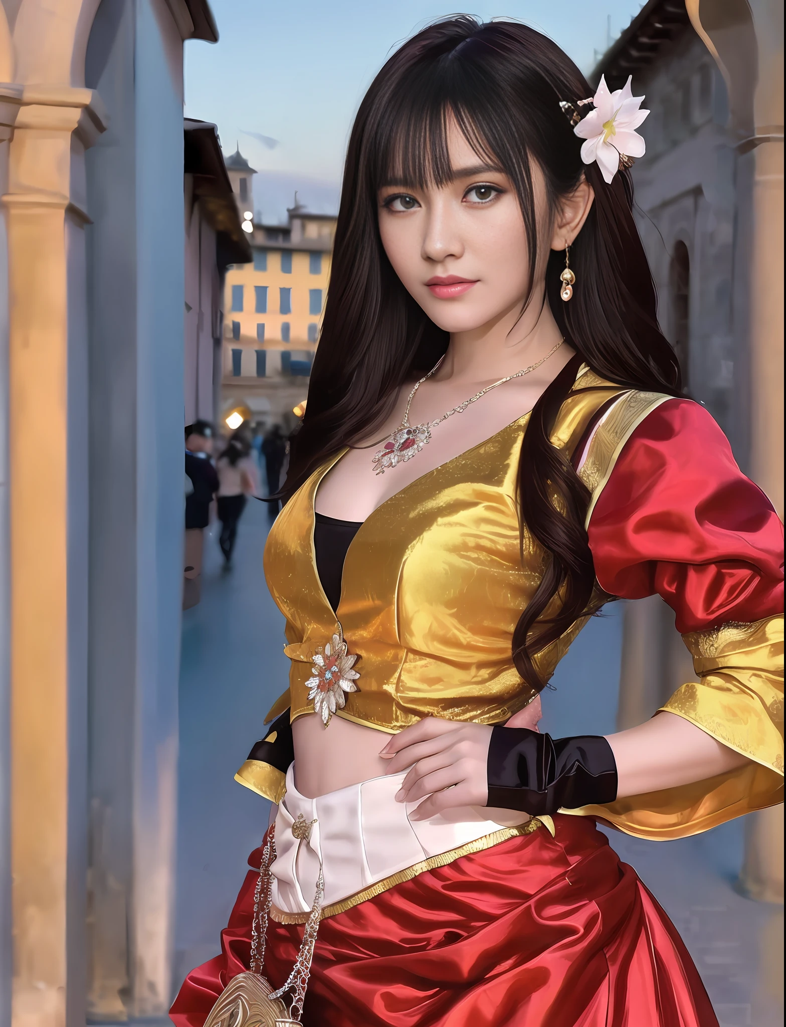 Model shooting style, (extremely detailed CG Unity 8k wallpaper), full-shot body photo of the most beautiful artwork in the world, stunning beautiful photo realistic available, super realistic super detailed photo, a beautiful girl as a female dancer on the streets of Florence, navel, complex dress, banquet, crowd, [slight smile], (Palazzo Vecchio and Piazza della Signoria background), (princess eyes, shining pupils), detailed symmetrical beautiful hazel eyes, detailed gorgeous face, highly detailed, Vibrant, professional majestic oil painting by Ed Blinkey, Atey Ghailan, Studio Ghibli, Jeremy Mann, Greg Manchess, Antonio Moro, ArtStation Trends, CGSociety Trends, Complex, High Detail, Sharp Focus, Dramatic, Realistic Painting Art, by Midjourney and Greg Written by Rutkowski