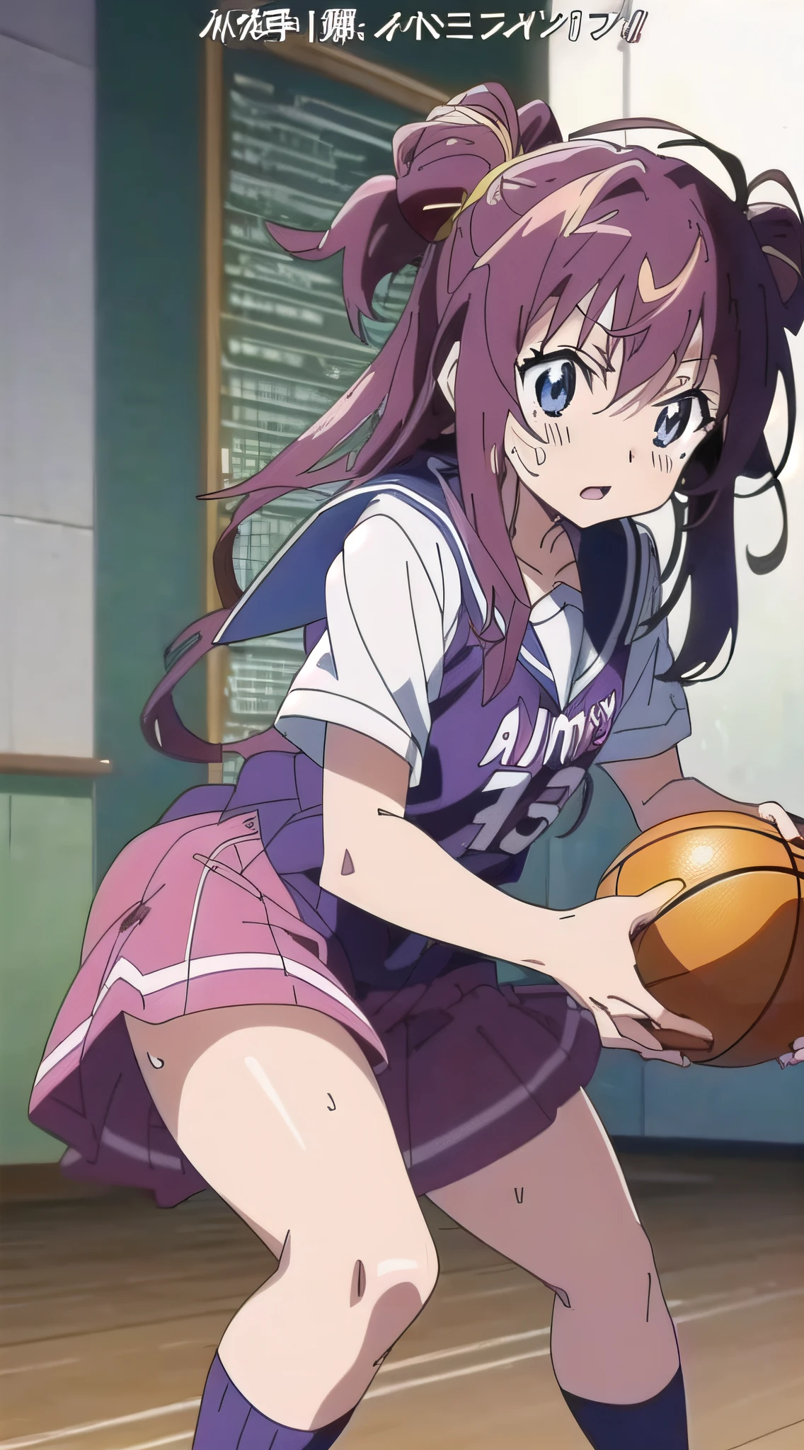 (Best Quality,Anime,Anime Art Style,Anime Screen Cap:1.5)Yuyushiki, Girl, , Sweat,Playing Basketball,Powerful Angle,Intense Movement,Looking Away,
