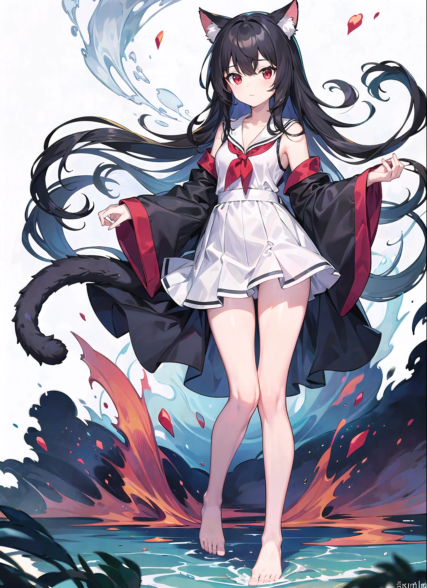 black hair ,long hair ,(medium breasts ,bare shoulders ,wide sleeves ,long sleeves ,red eyes ,messy hair ,cat girl ,bare legs ,bare feet ,sailors shirt ,thighs,cleavage ,sleeveless ,white background, full body ,cute , ,child)